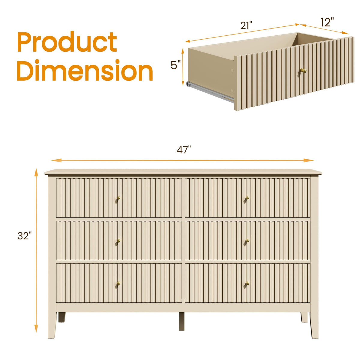 May Color Beige 6 Drawer Dresser Set, Fluted Modern Wood Double Chest, Long Bedroom TV Stand