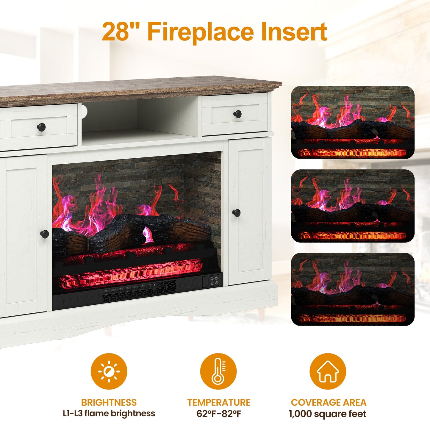 May in Color White TV Stand with 28'' Fireplace, Media Console Table with Adjustable Shelves, Entertainment Center with Double-door Design for Living Room, Bedroom