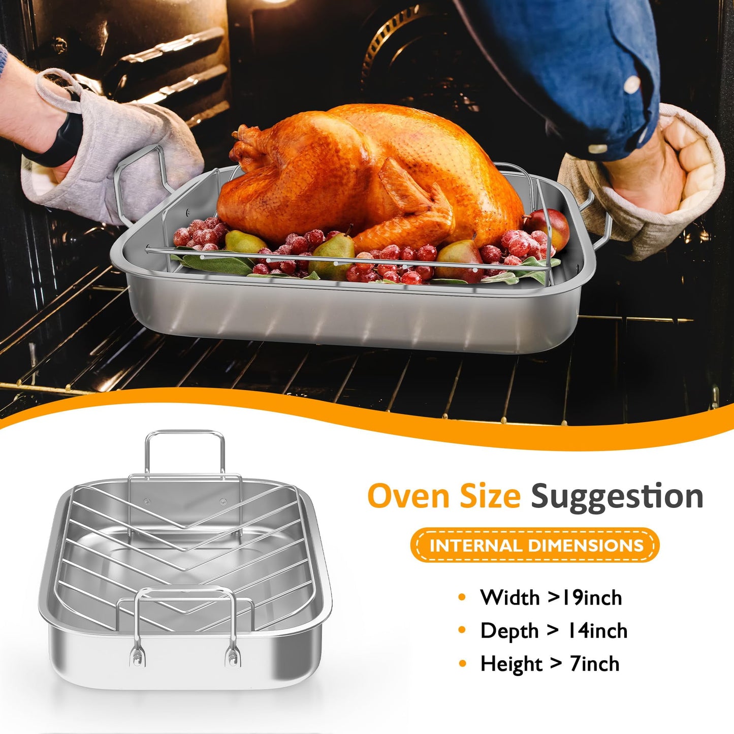 Heynemo 15.6'' Roasting Pan with V-Shaped Rack, Rectangular Lasagna Pan with Handle, Non-Stick Stainless Steal Roaster for Turkey, Chicken, Vegetable, Lasagna, Heavy Duty & Dishwasher Safe