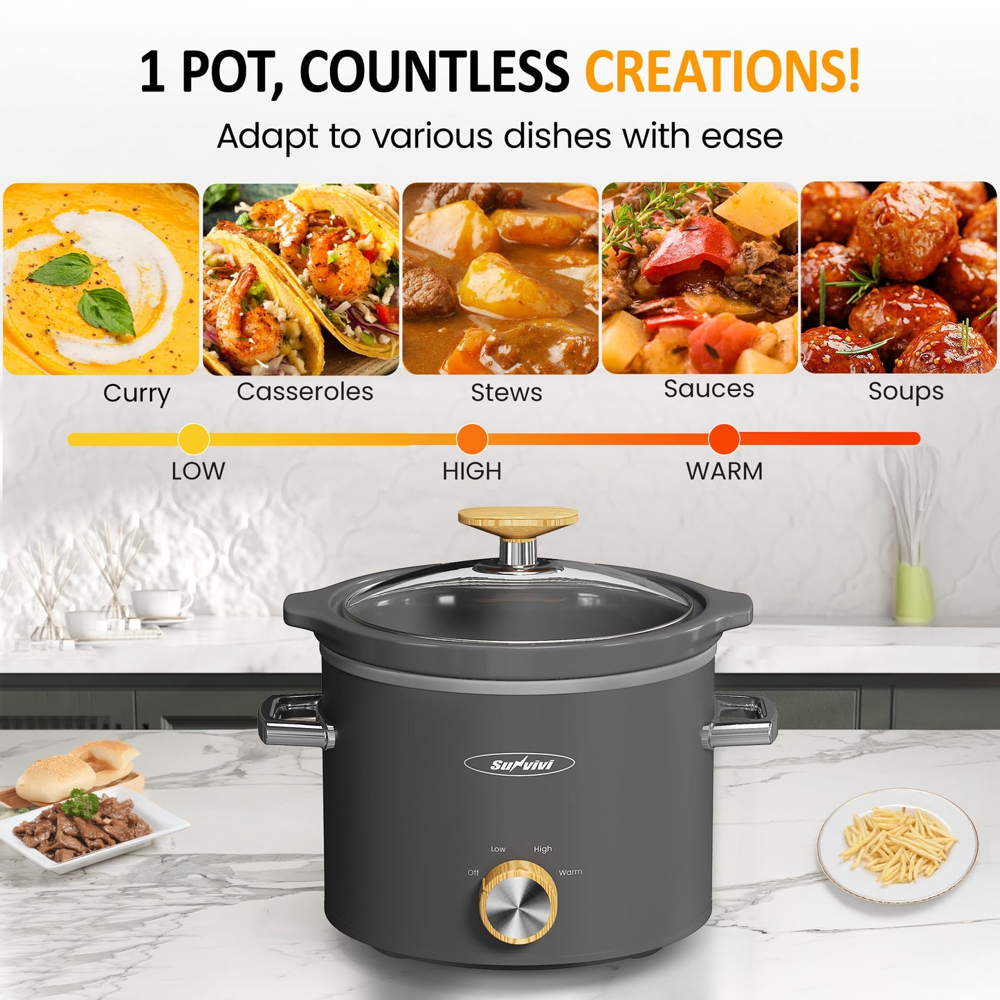 Sunvivi 2 Quart Slow Cooker with Removable Ceramic Pot and 3 Heating Settings, Grey