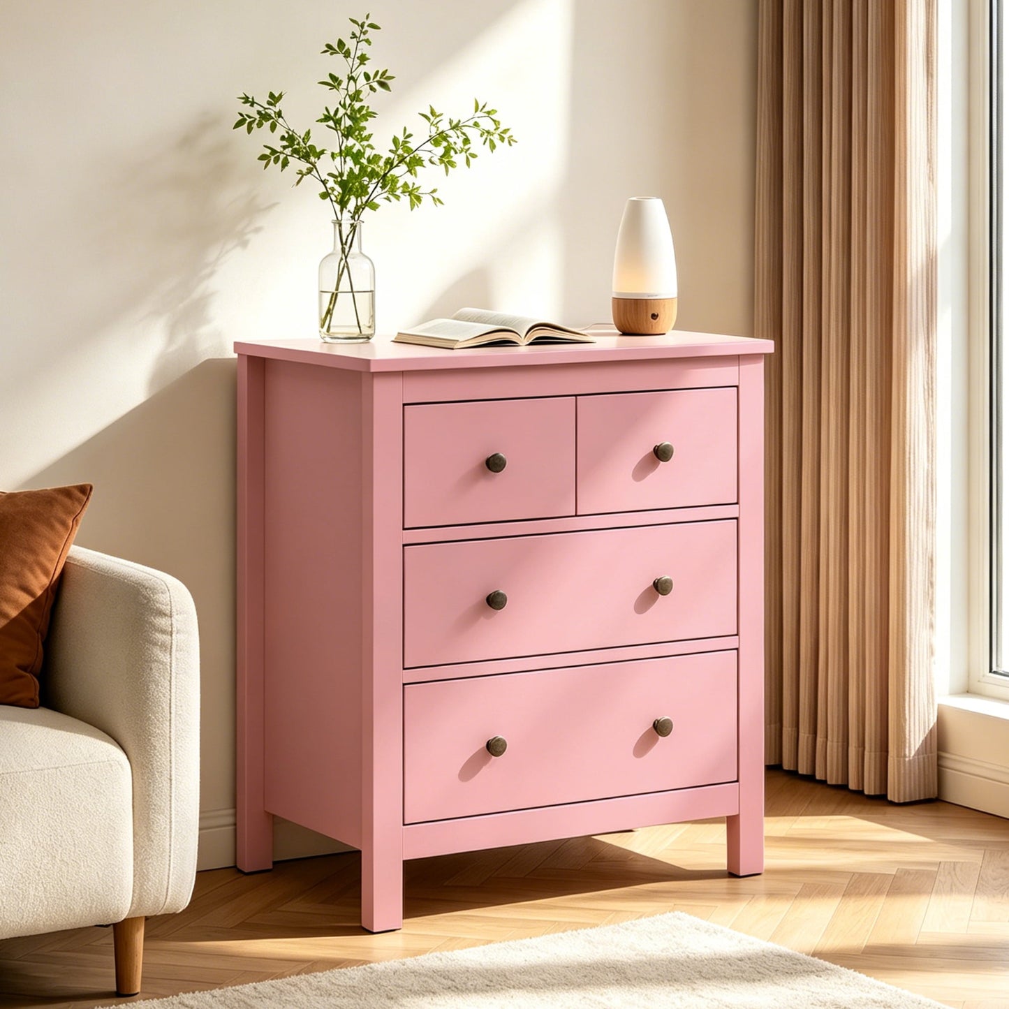 May in Color Pink 3 Drawer Dresser Set of 2 with Soft-Close Drawers, Modern Wood Chest for Bedroom, Living Room