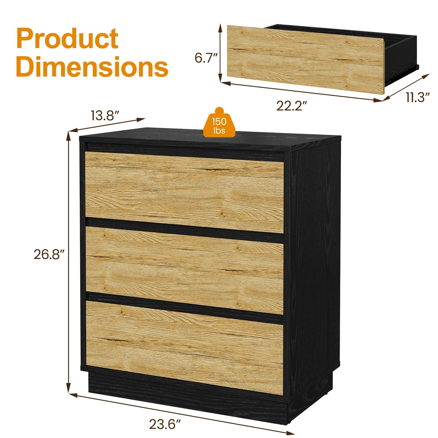 May in Color Wide Nightstand with 3 Drawers Set of 2, Black Large Nightstand for Bedroom, Home and Office, Black and Wood