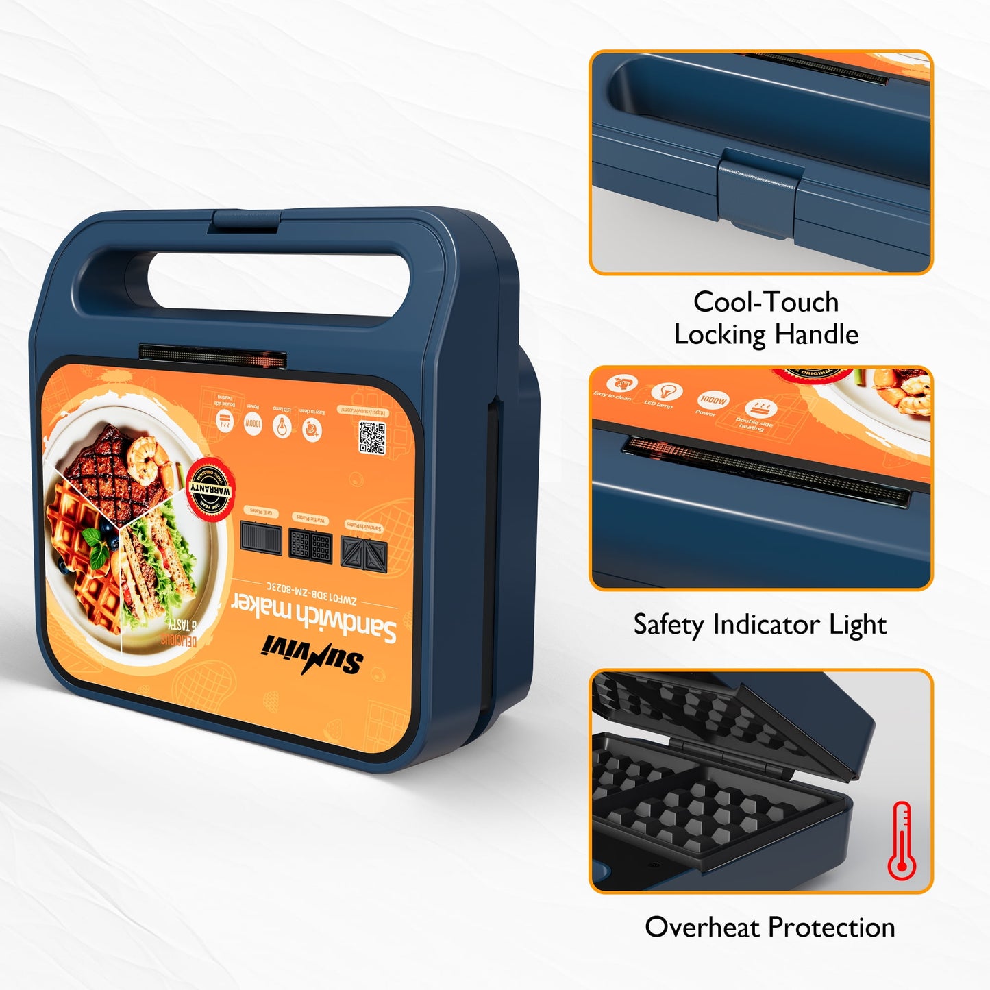 Heynemo Versatile 3-in-1 Waffle Maker & Panini Press, 1000W Electric Sandwich Maker with Removable Non-Stick Plates, Tempered Glass Lid, Cool Touch Handle & Easy Cleanup