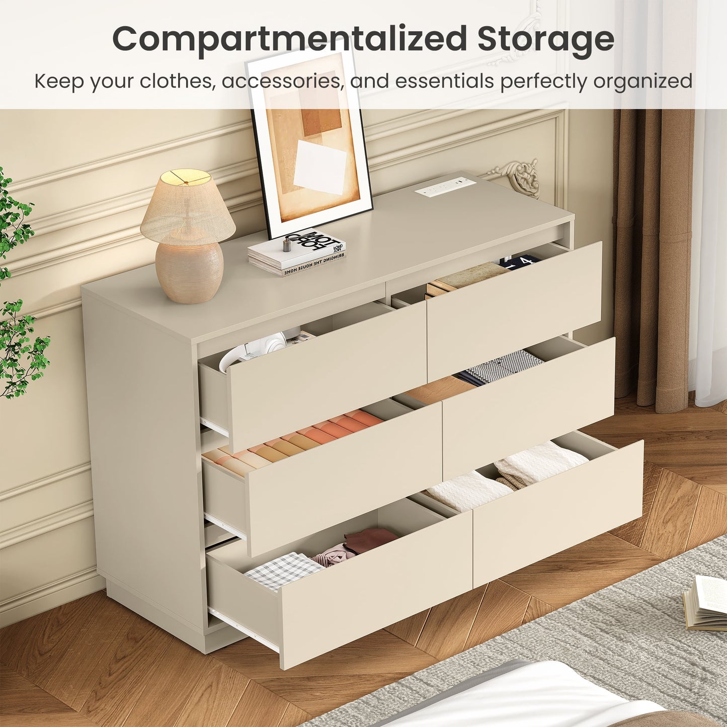 Heynemo Dresser with 6 Drawers for Bedroom, Chest of Drawer with Charging Station for Living Room, Beige