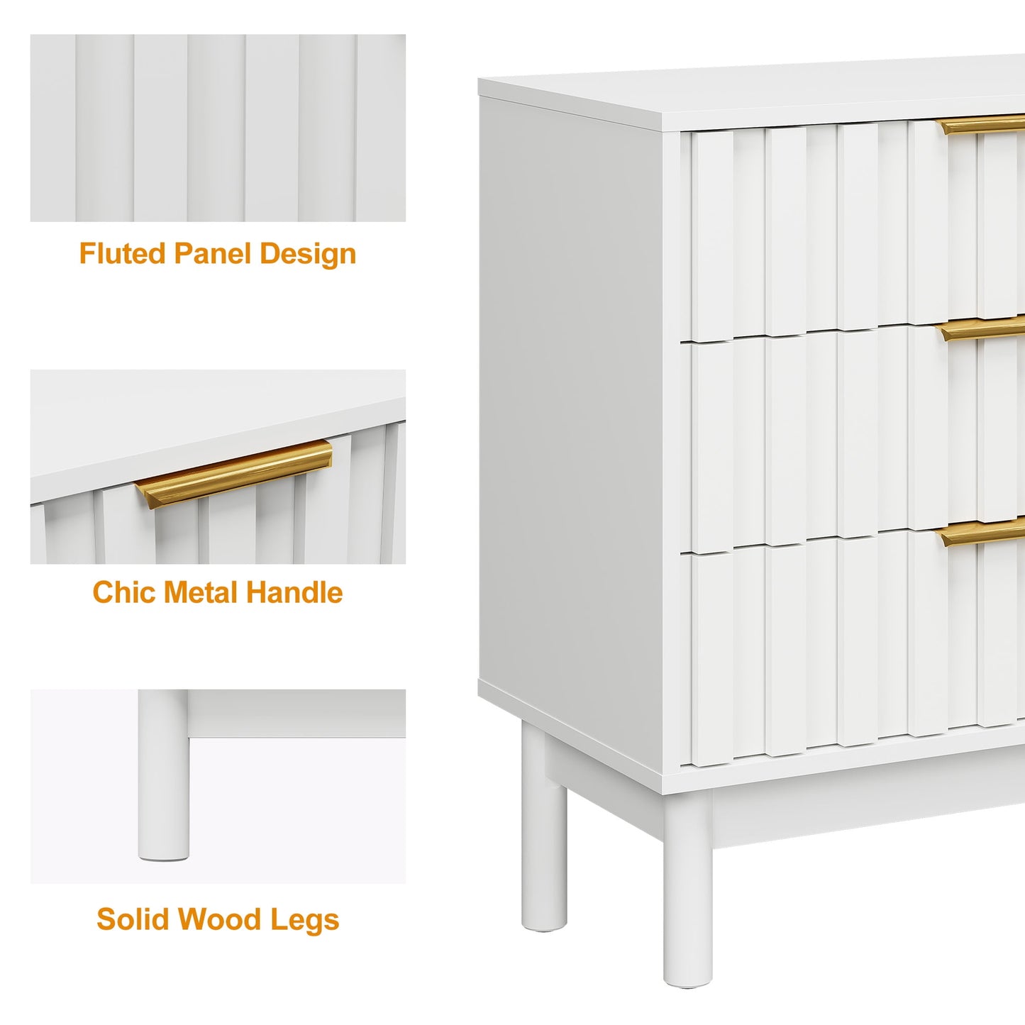 May in Color Fluted 3 Drawer Dresser Set of 2, Wood Closet Organizer for Bedroom, Living Room, Entryway, White