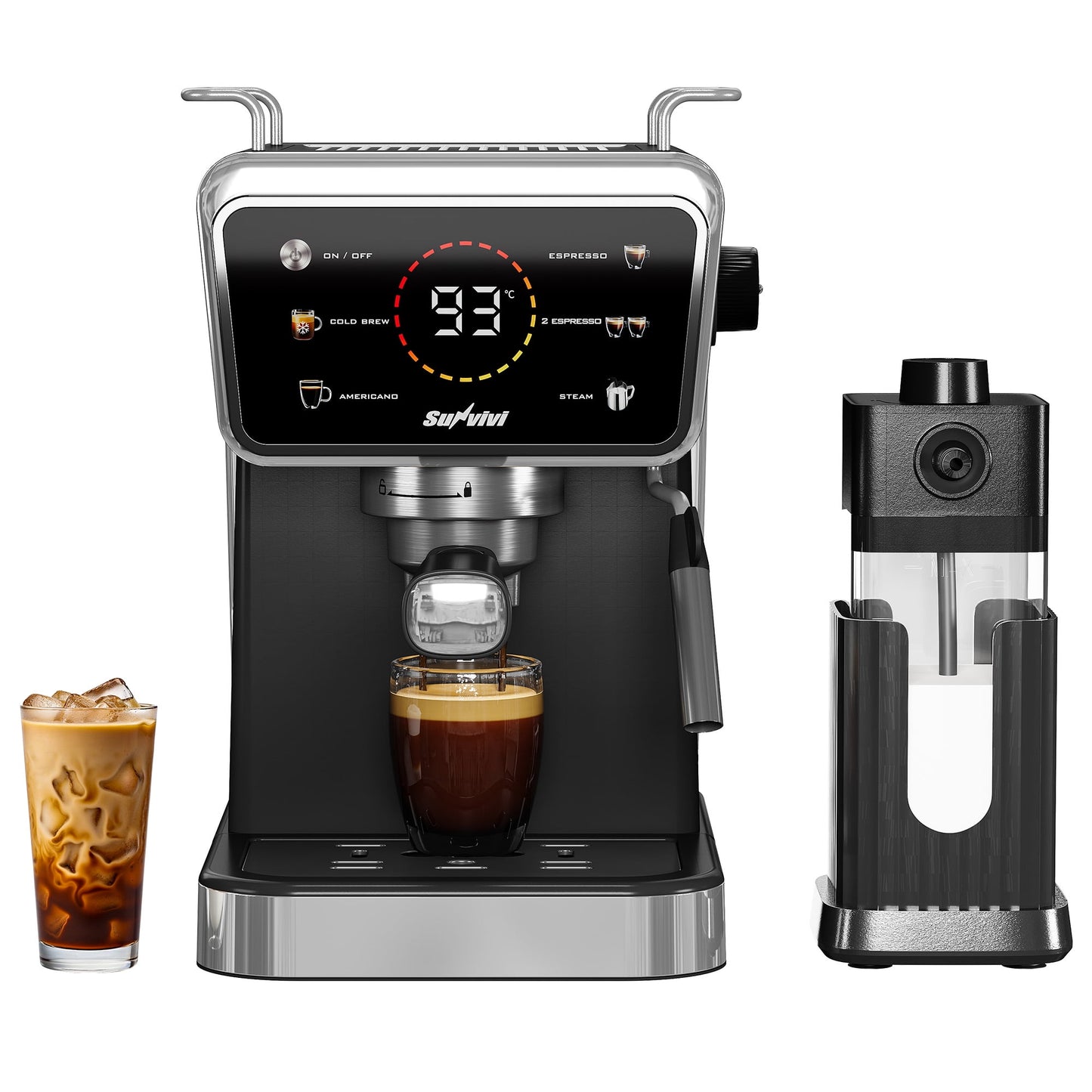20 Bar Espresso Machine with Milk Frother, 3-in-1 Iced Coffee Maker for Espresso, Cold Brew, and Americano, LED Touchscreen, 52oz Removable Water Tank, Easy to Clean