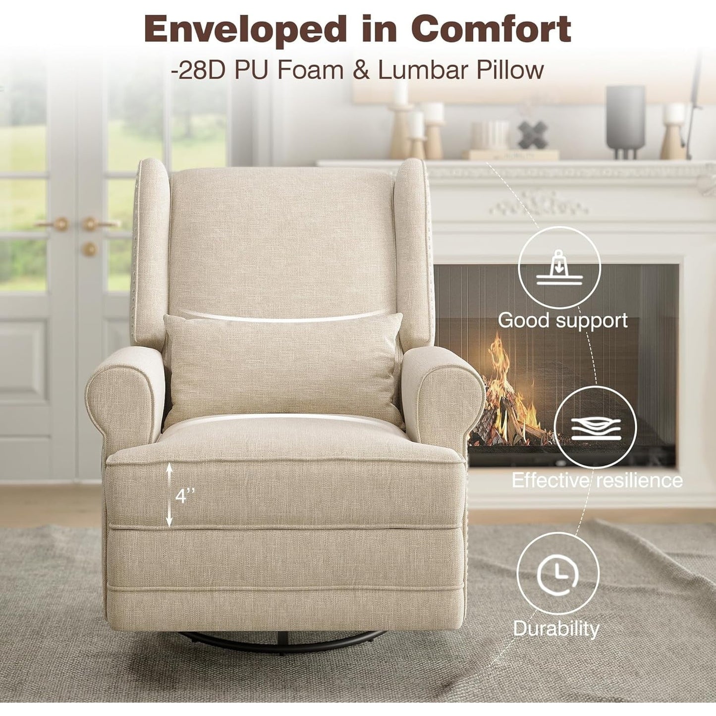 Heynemo Superjoe Swivel Nursery Glider Recliner Comfy Upholstered Glider Chair Swivel Rocking Chair for Living Room, Beige