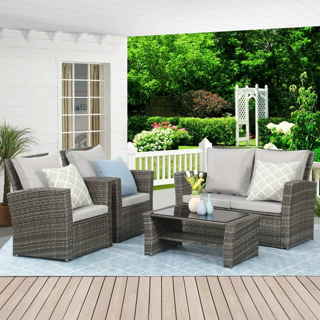 Superjoe 4 Pcs Outdoor Patio Furniture Sets, Wicker Rattan Conversation Set, Gray Rattan Black Cushion