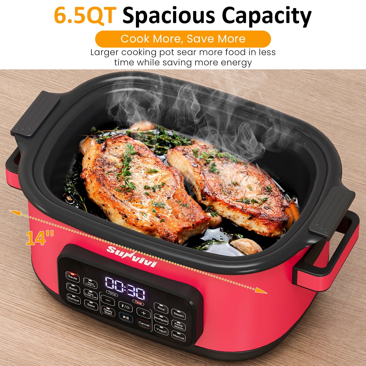 Heynemo 6.5QT Digital Multi Cooker, 12-in-1 Slow Cooker & Roaster with Timer, Temp Control, Delay Start, Nonstick Pot, Red