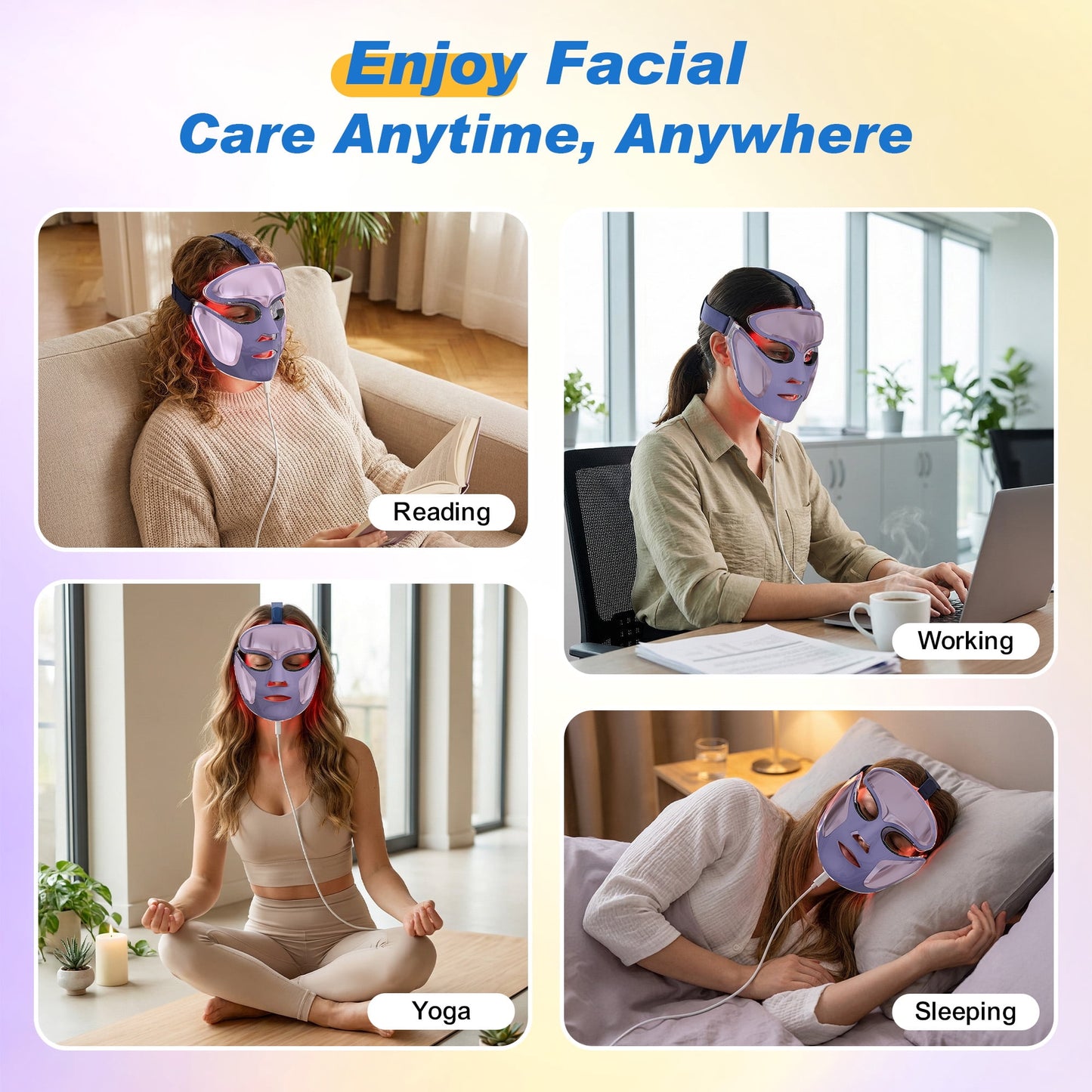 Sunvivi LED Light Therapy Face Mask with Red & Blue Light, 180 LEDs, Eye Warming, Home Skincare Device, Purple