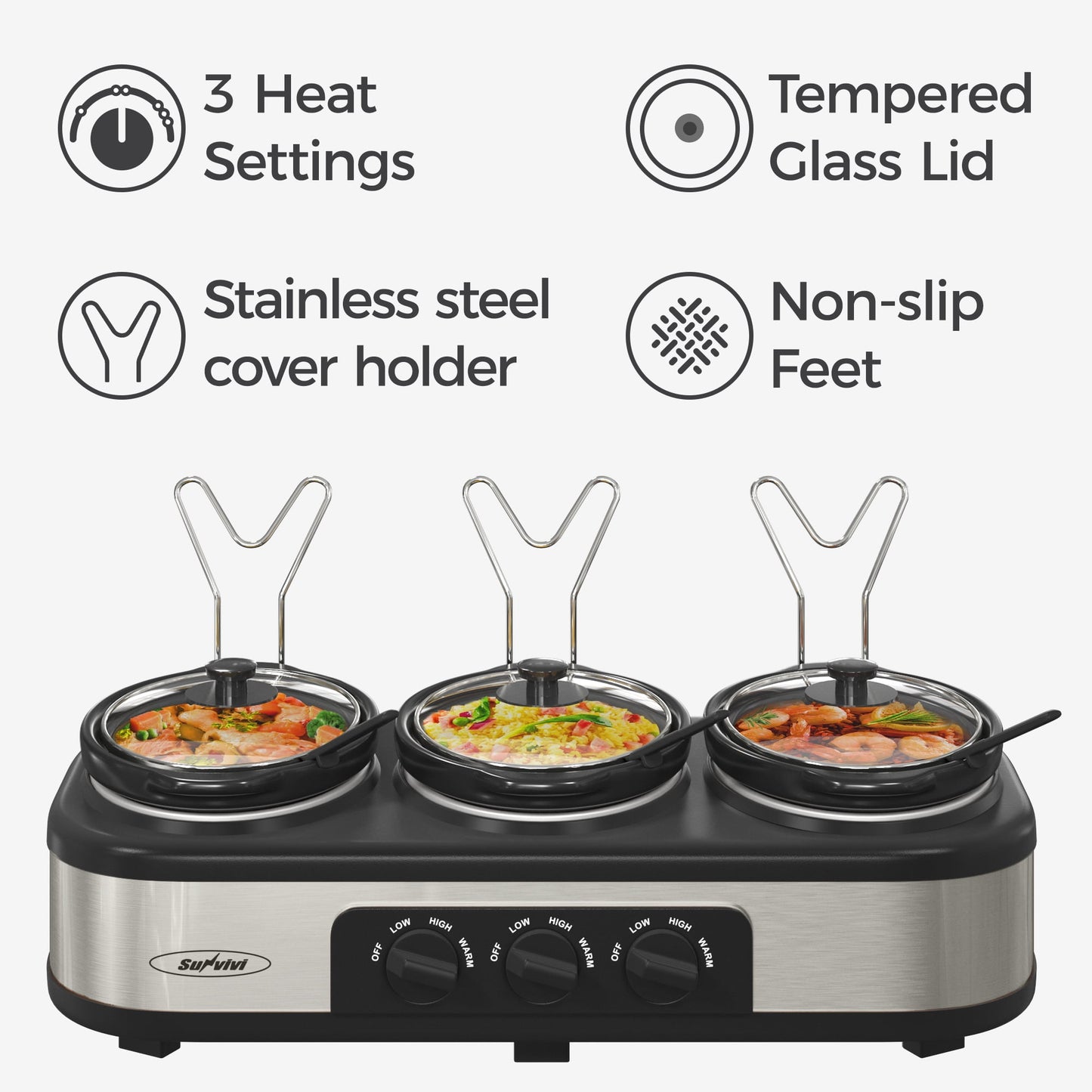 Sunvivi Triple Slow Cooker with 3 Spoons, 3 Pot 1.5 Quart Oval Crock Food Warmer Buffet Server, Stainless Steel