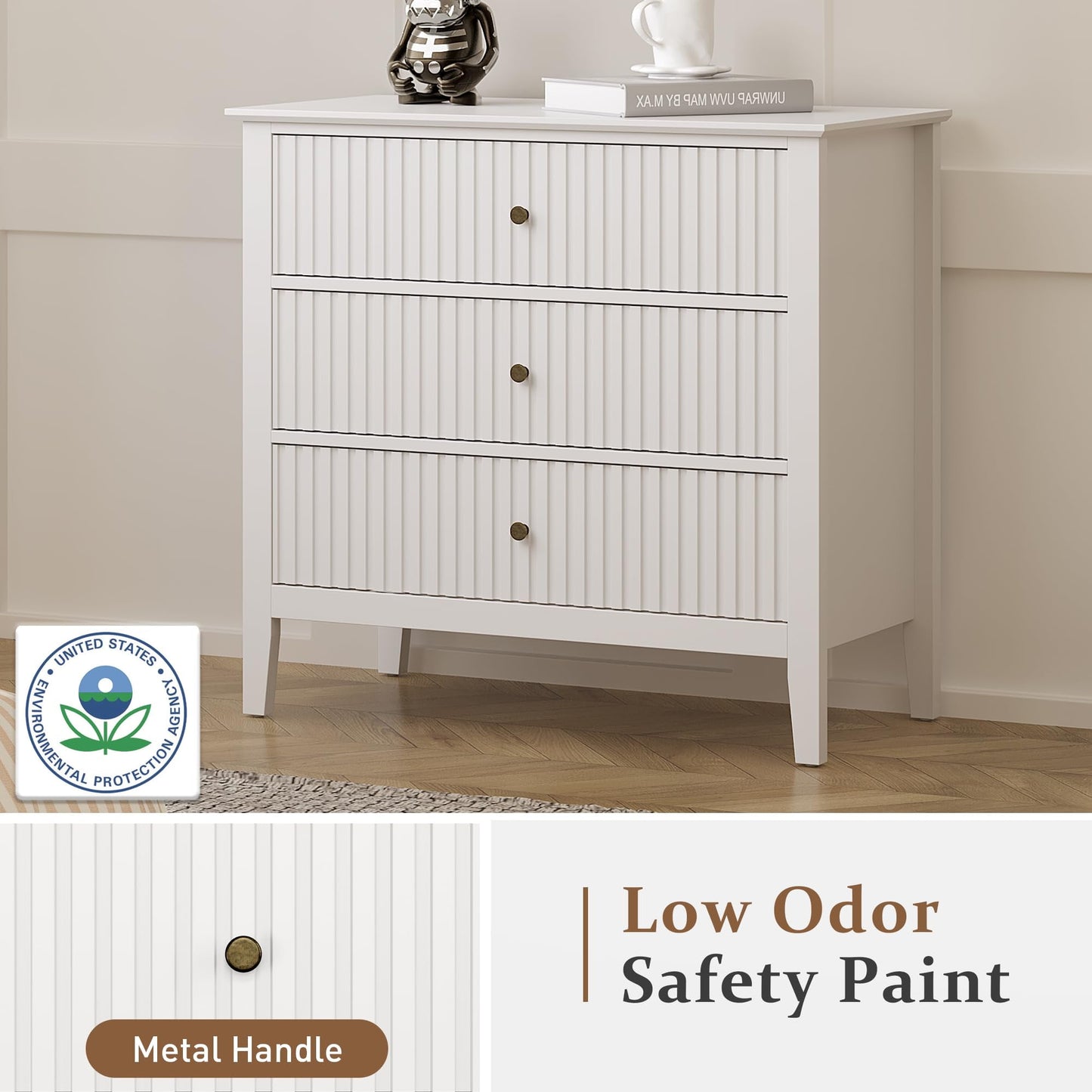 May in Color Large Fluted 3-Drawer Dresser, Wide Chest of Drawers, Modern Wood Dresser with Spacious Storage, White