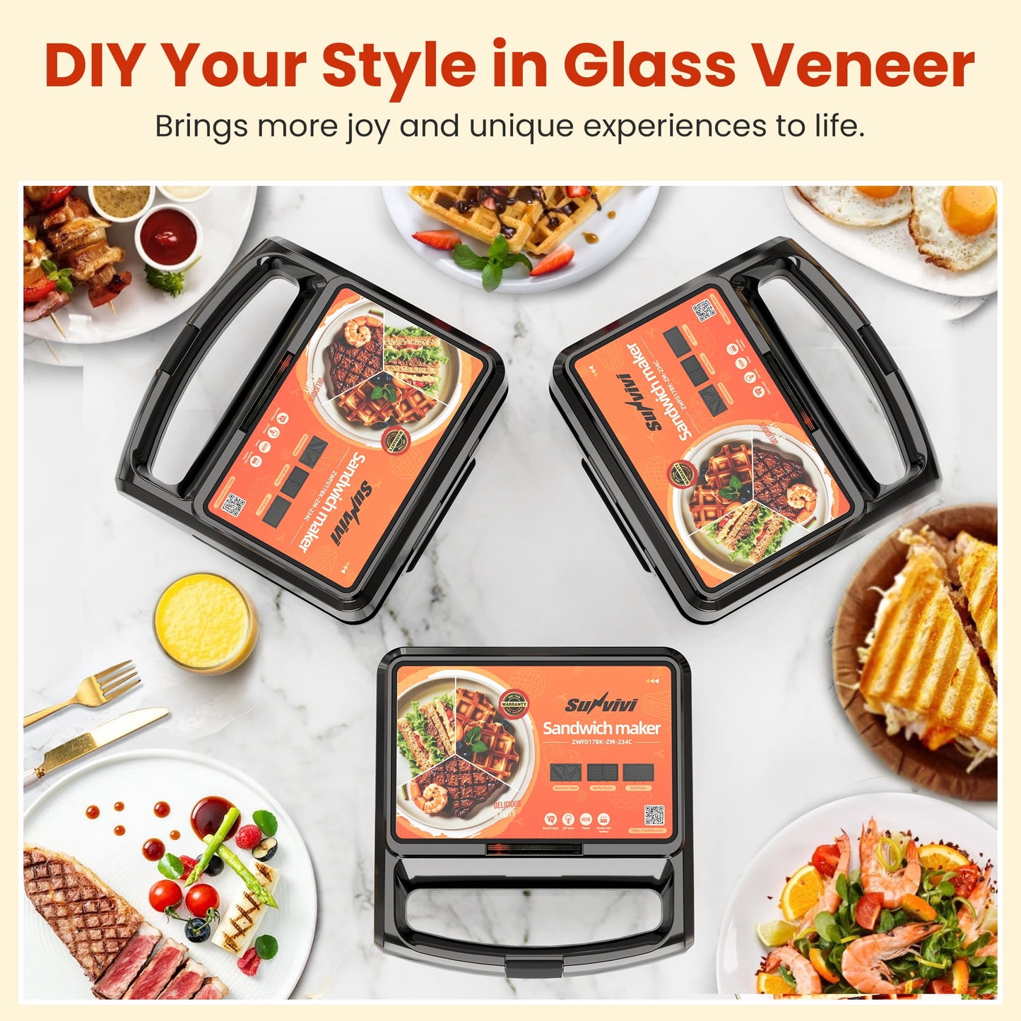Sunvivi 3-in-1 Electric Sandwich Maker & Waffle Grill, 800W Panini Press with Non-Stick Removable Plates & Tempered Glass Top, Cool Touch Handle, Black