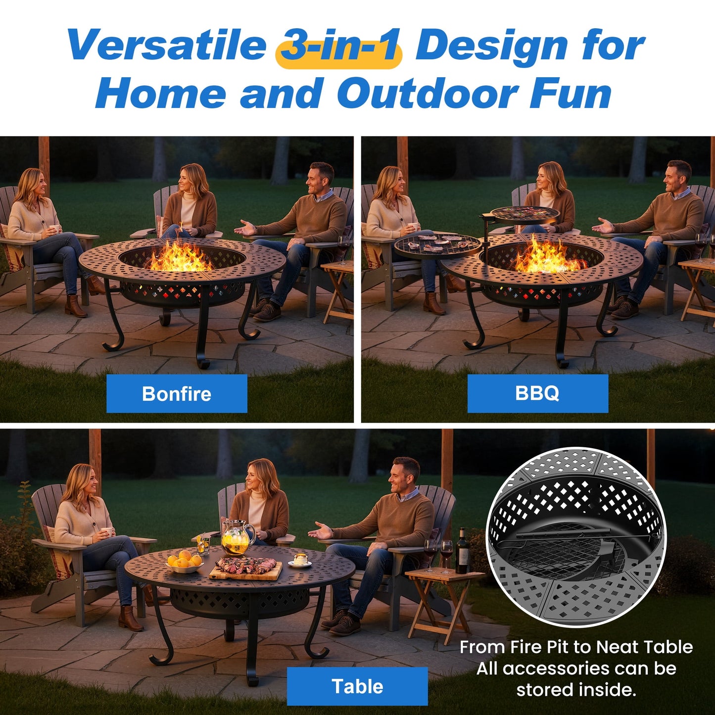 Heynemo 3 in 1 Outdoor Fire Pit for BBQs, Bonfire, Picnic, Wood Burning Fireplace with 2 Grill, Lid, and Fire Poker, 43'' Metal Round Table for Patio, Garden, Backyard