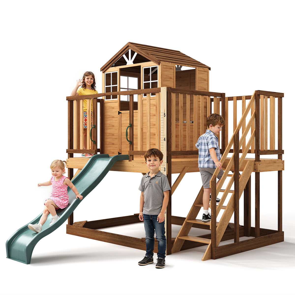 May in Color 9-in-1 Outdoor Wooden Playhouse with Slide & Sandbox - Backyard Playset for Kids Ages 3-10 - Natural Fir Play Center with Play Kitchen, Growth Chart & Safety Rails