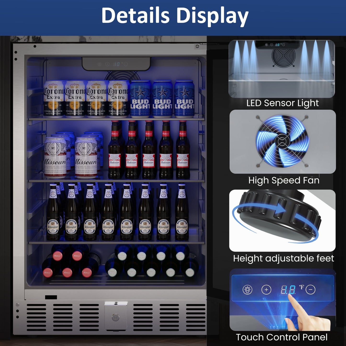 Heynemo 24 Inch Indoor/Outdoor Beverage Refrigerator (32-50¨H), Silver Under Counter Drink Fridge for Patio, Office, Kitchen, Bar, Built-in/Freestanding Can Cooler with Lock & 3 Adjustable Shelves