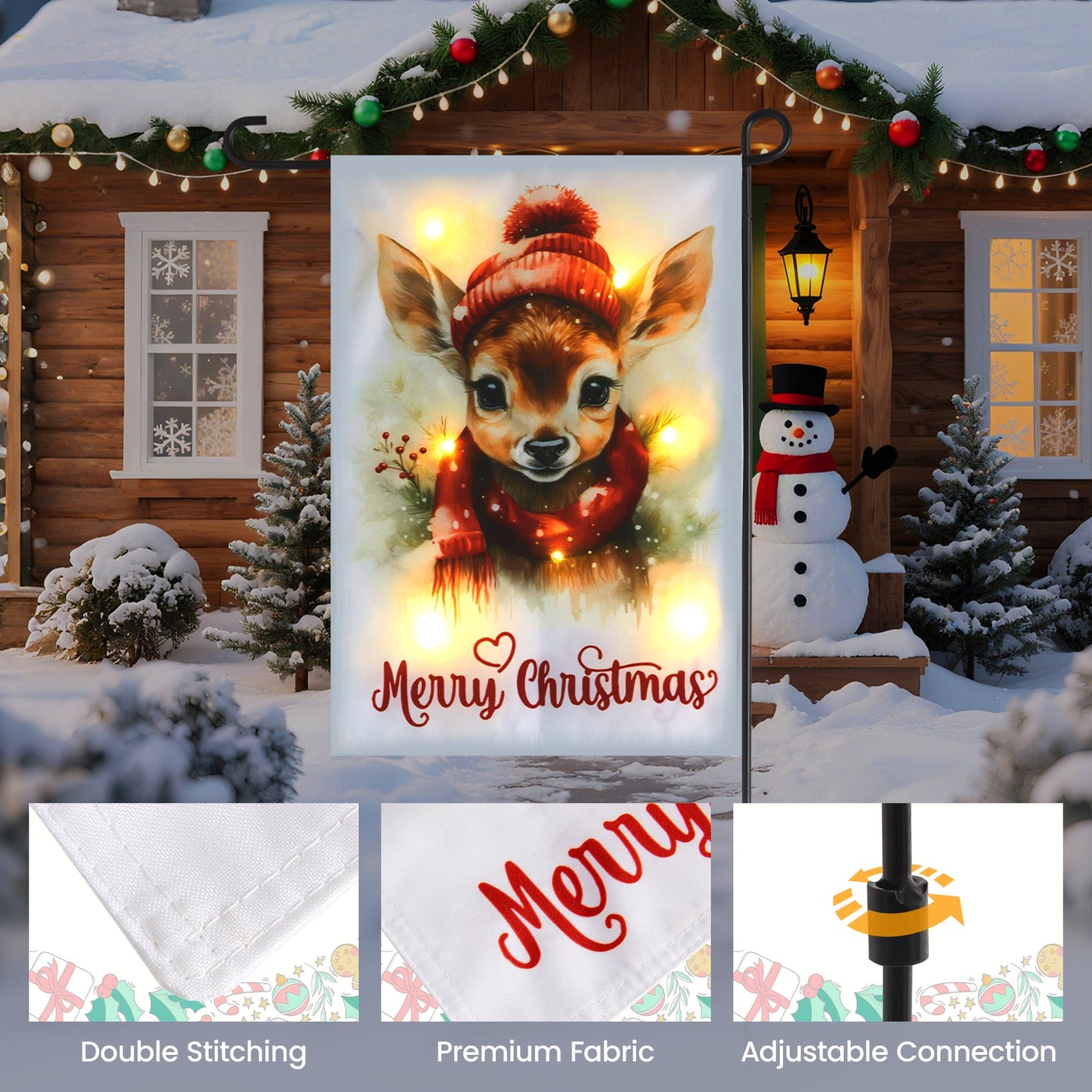 Heynemo Christmas Solar Garden Flag with Lights, Led 12"x18" Double-Sided Reindeer Yard Flag, Winter Decor for Lawn, Porch, Path