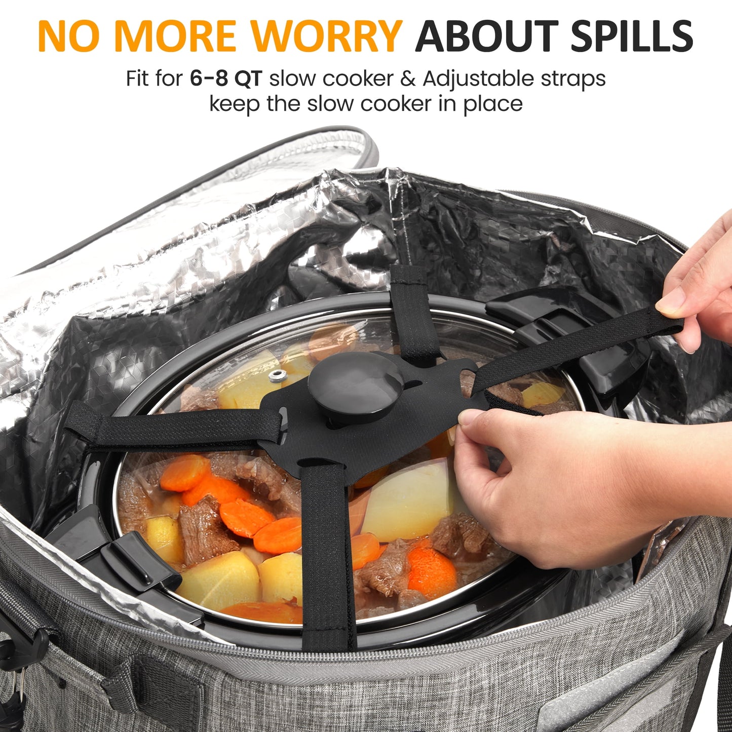Large Capacity Insulated Slow Cooker Bag for 6-8QT, Portable Carrying Case with Transparent Window, Storage Pockets & Adjustable Straps for Outdoor Events, Family Gatherings & Potlucks