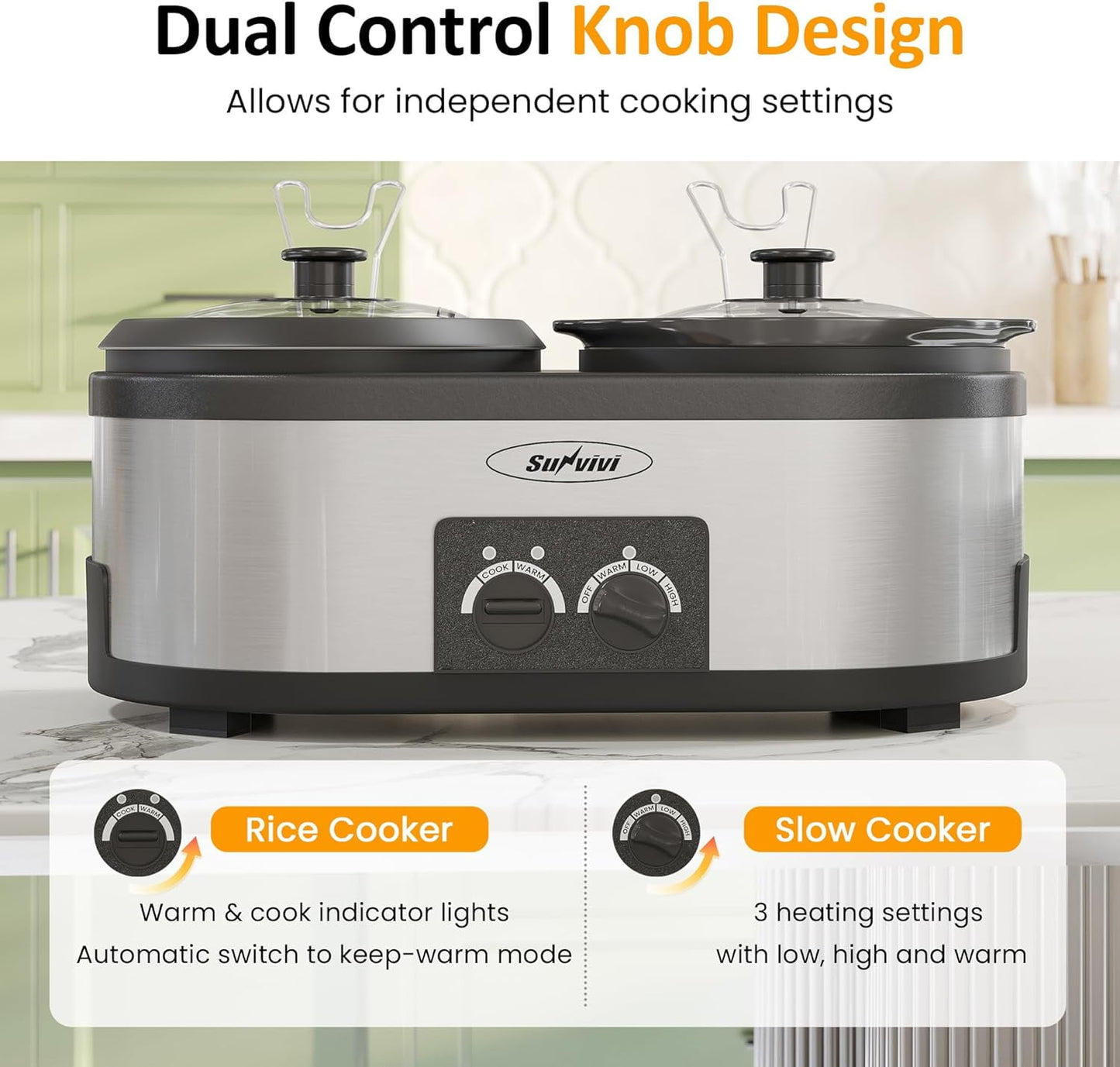 Sunvivi 2 in 1 Slow Cooker and Rice Cooker, Multi Slow Cooker with 1.5 QT Ceramic Pot & 3 Cup Rice Cooker , Non-Stick Aluminum Pot & Indicator Lights, Dual Control Knob, Stainless Steel