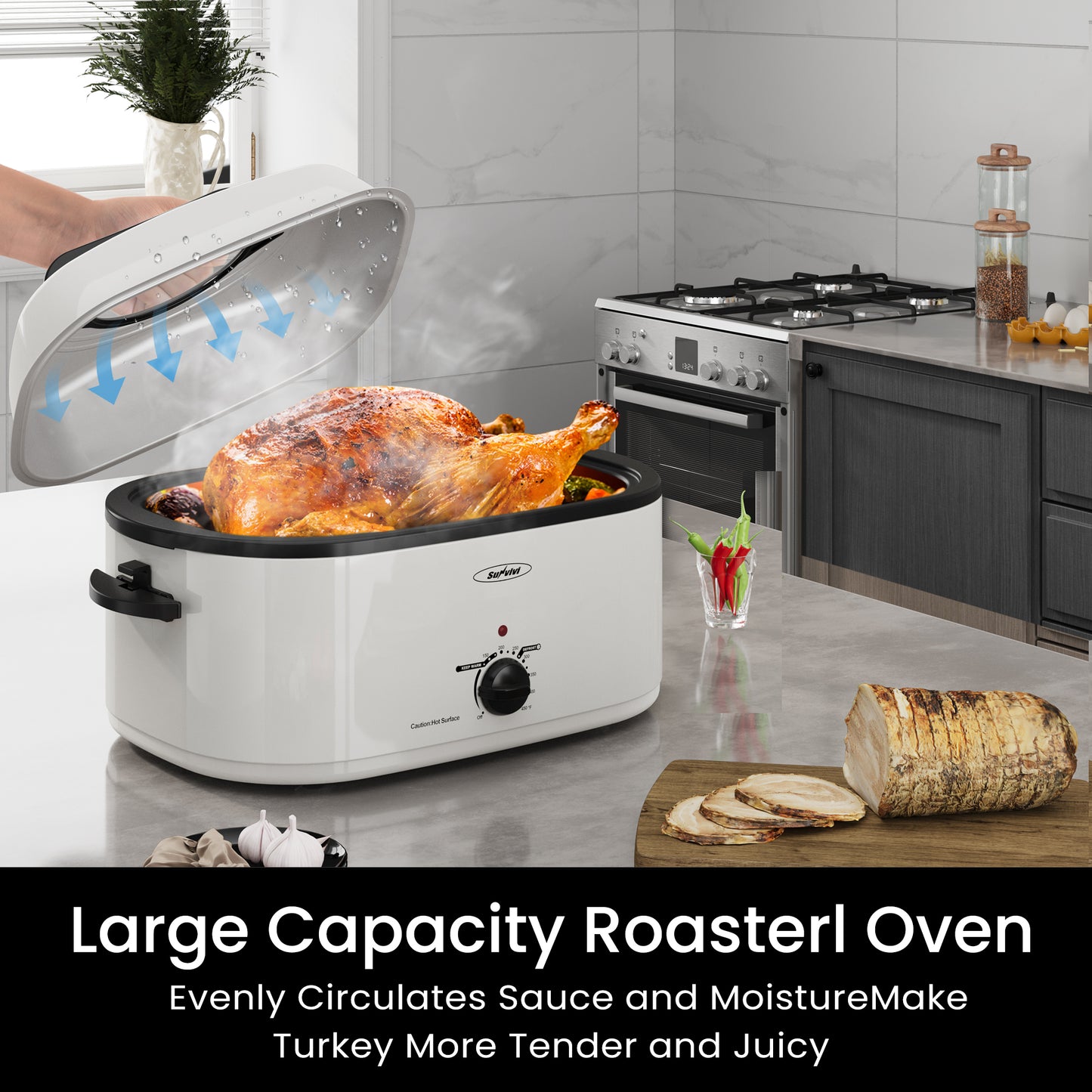 RoyalCraft 24 Quart Electric Roaster Oven Turkey Roaster with Lid Electric Roasters with Removable Pan Large Roaster,Visible & Self-basting Lid, Fast Heating & Thaw/warming Setting, White