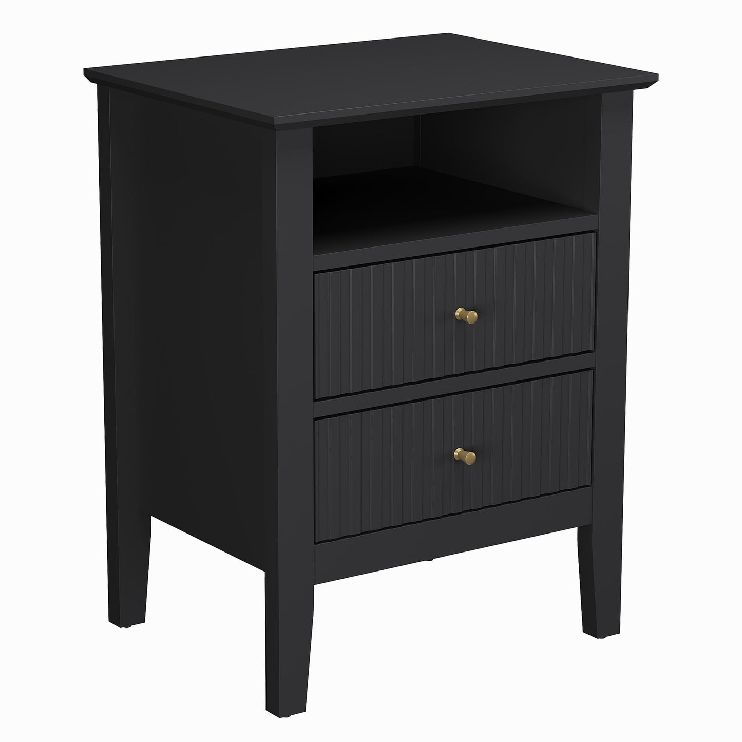 Heynemo Black Fluted Nightstand with 2 Drawers, Modern Wooden Sofa Table for Small Spaces, Tall End Table for Bedroom, Living Room