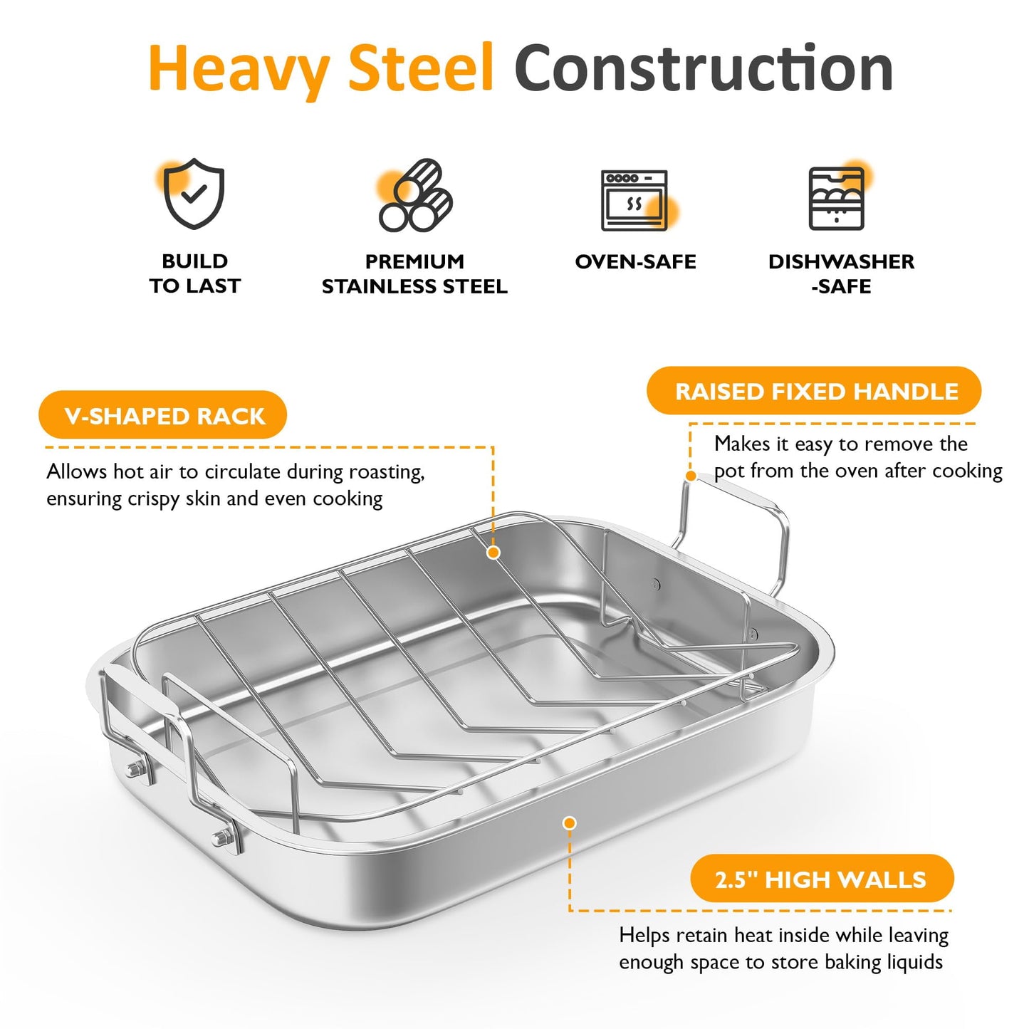 Heynemo 15.6'' Roasting Pan with V-Shaped Rack, Rectangular Lasagna Pan with Handle, Non-Stick Stainless Steal Roaster for Turkey, Chicken, Vegetable, Lasagna, Heavy Duty & Dishwasher Safe