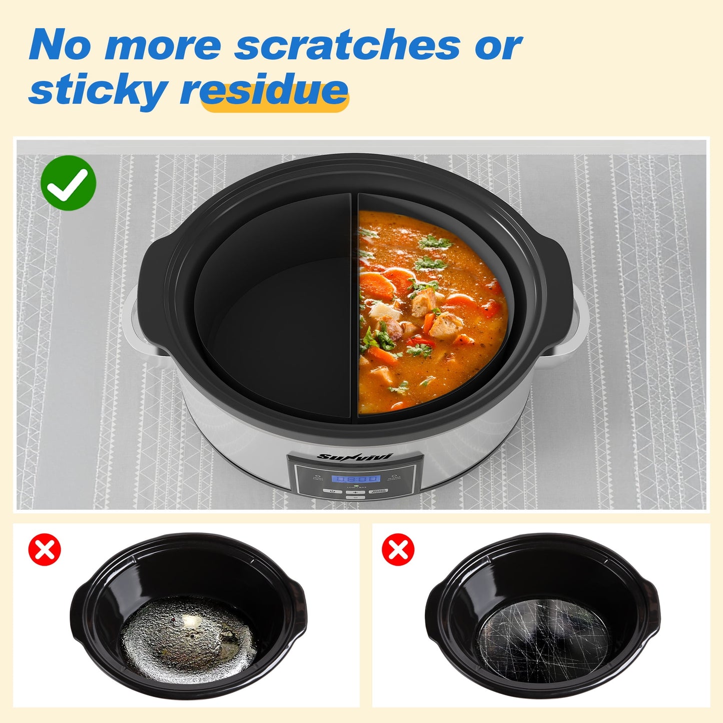 Superjoe Programmable Slow Cooker 6 Quart with 2 in 1 Silicone Liners, Multi-Cooker Food Warmer with Digital Timer, 3 Cooking Settings, Dishwasher-Safe Removable Ceramic Pot & Lid, Silver.