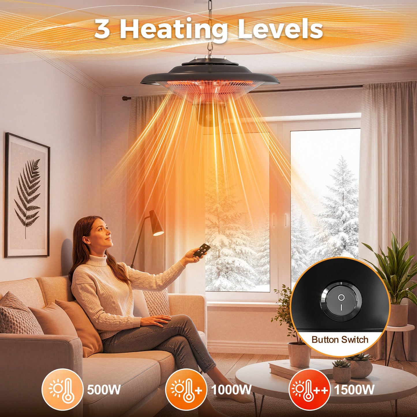 Outdoor Patio Heater, 1500W Outdoor Hanging Heater, Electric Infrared Hanging Heater with 3 Adjustable Modes, Waterproof Ceiling Heater for Porch, Garage, Balcony, Black