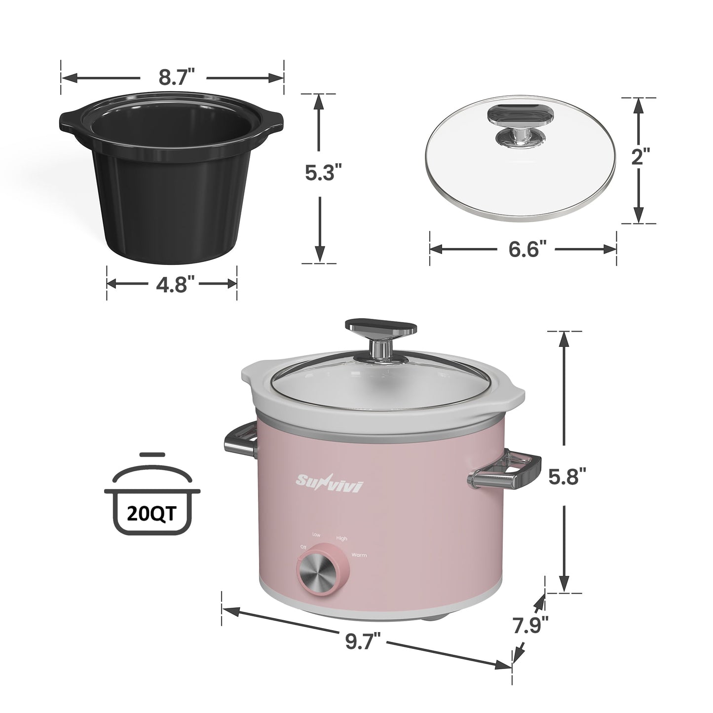 2QT Small Slow Cooker with Removable Ceramic Pot, 3 Heating Settings, Dishwasher-Safe Glass Lid, Pink