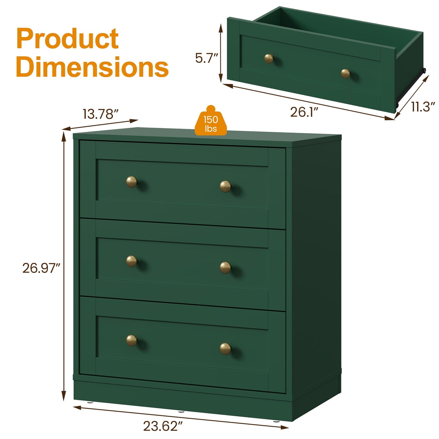 May in Color 3 Drawer Nightstand, Large Bedside Table with Golden Round Knobs, Modern Wood End Table for Bedroom, Living Room, Hallway, Closet, Green