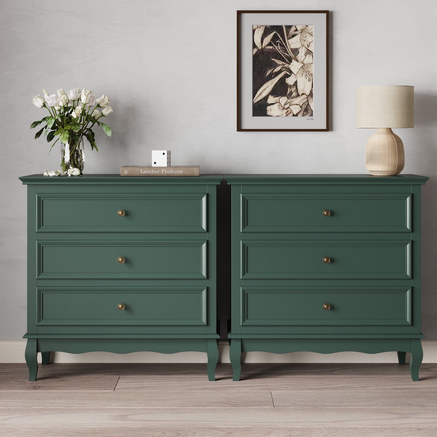 Green 3 Drawer Dresser, Modern Wood Chest, Silent Slide Organizer for Bedroom, Living Room