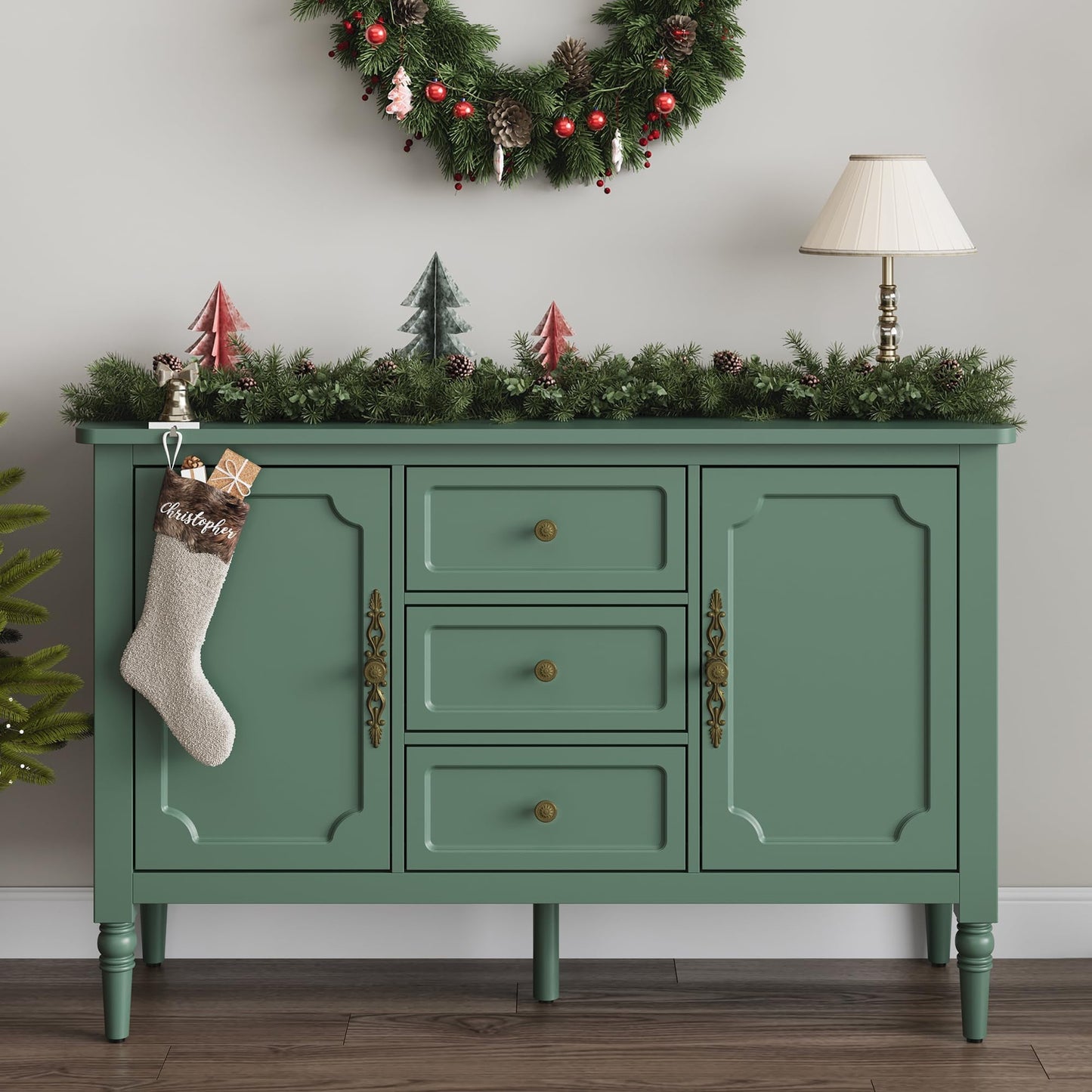 May in Color Storage Cabinet with 2 Doors & 3 Drawers, Mid-Century Sideboard Cabinet with Adjustable Shelves, Wood Buffet Cabinet with Turned Legs, Ideal for Entryway, Living Room, Dining Room, Green