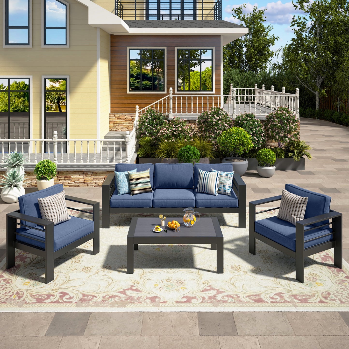 Heynemo Metal Patio Furniture Chairs Set of 2, Aluminum Outdoor Armchairs with Cushions, Blue