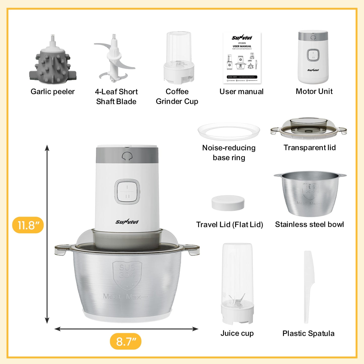 Heynemo 4-in-1 Multifunctional Food Processor, 350W Electric Chopper with Meat Grinder, Juicer, Coffee Grinder & Garlic Peeler