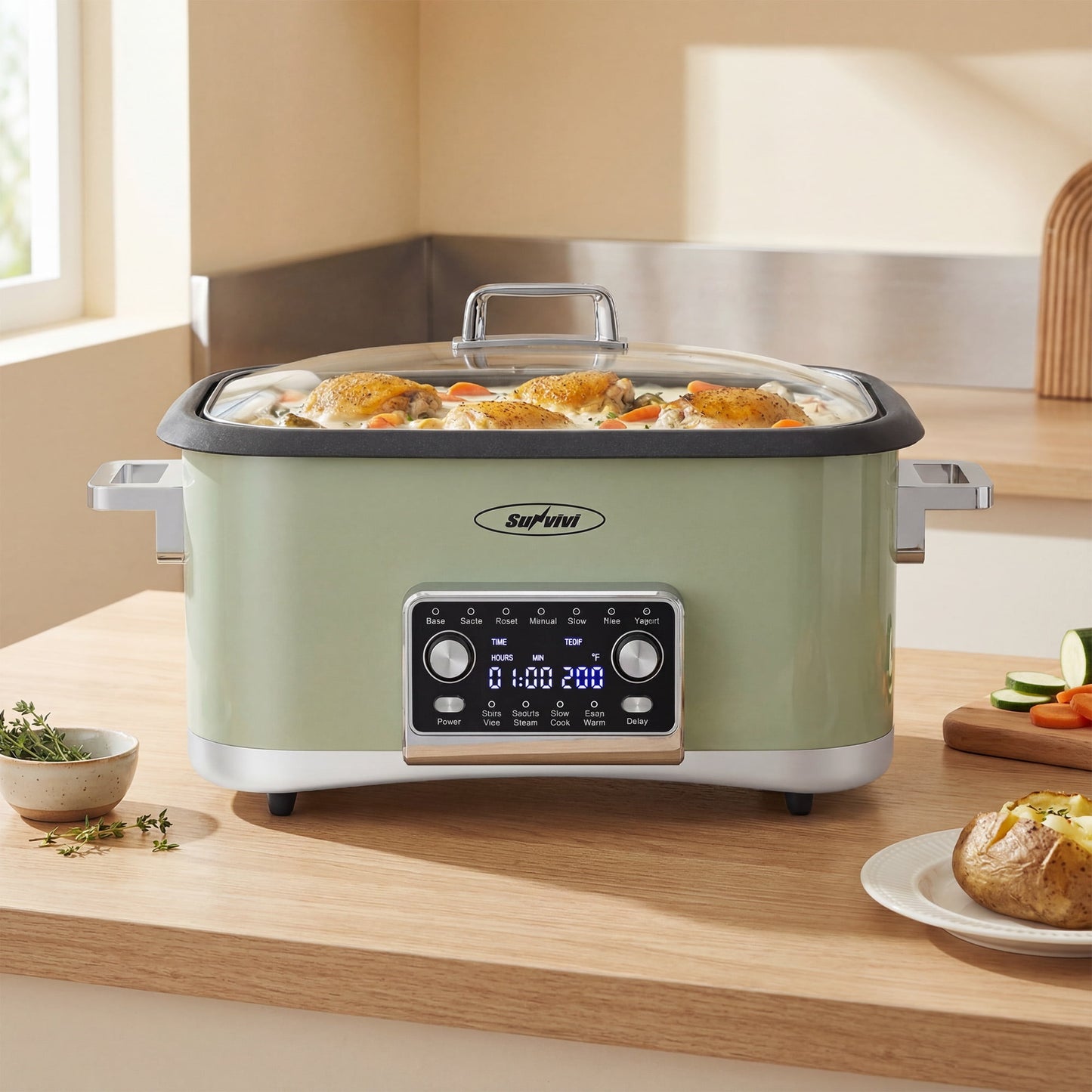Sunvivi 8-Quart 12-in-1 Programmable Slow Cooker Roaster Oven, Multi-Cooker with Digital Timer, Adjustable Temperature, Removable Non-Stick Pot & Dishwasher-Safe Glass Lid, Green