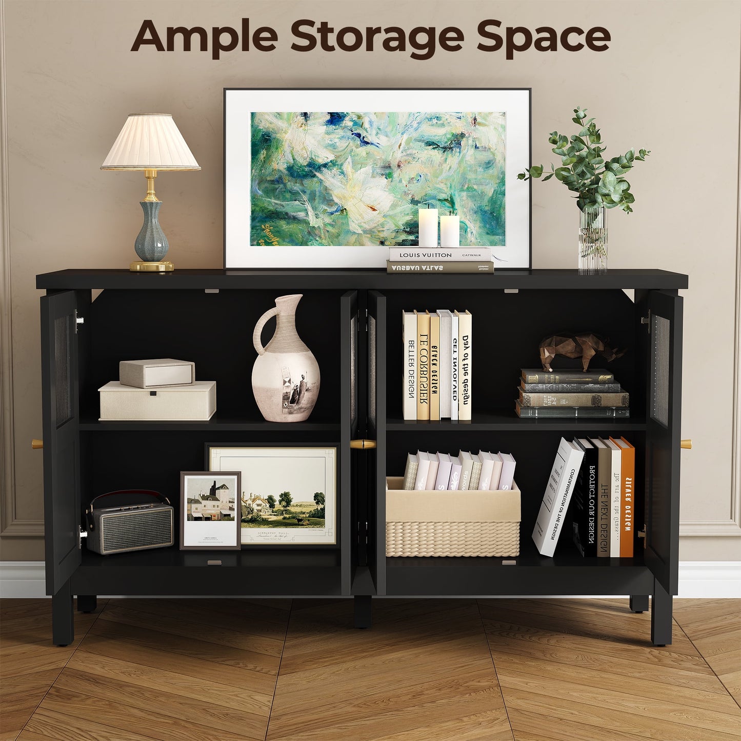 Heynemo Wood Sideboard Credenza with Storage, Buffet Cabinet with Adjustable Shelves, Accent Cabinet with Acrylic Accents for Living Room, Dining Room, Entryway