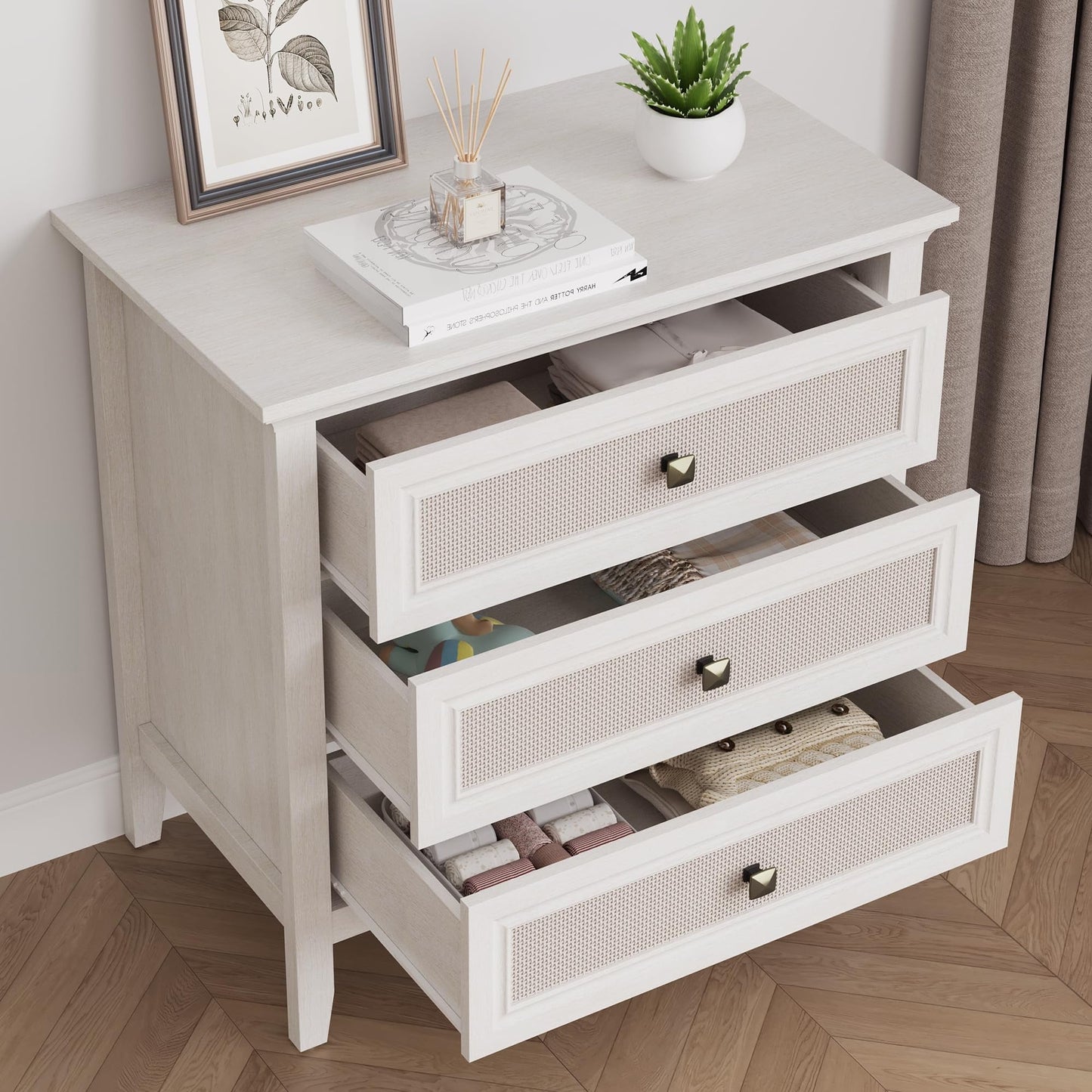 RoyalCraft White Dresser for Bedroom, Boho Tall Dresser with 3 Rattan Decorated Drawers, Modern Wood Chest of Drawers for Closet, Living Room, Hallway, Entryway