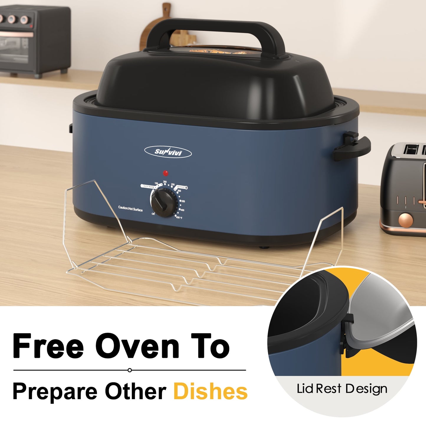 Sunvivi 26 Quart Electric Turkey Roaster Oven Upgraded Large Size with Visible Glass Lid, Removable Pan & Rack, Stainless Steel, Blue