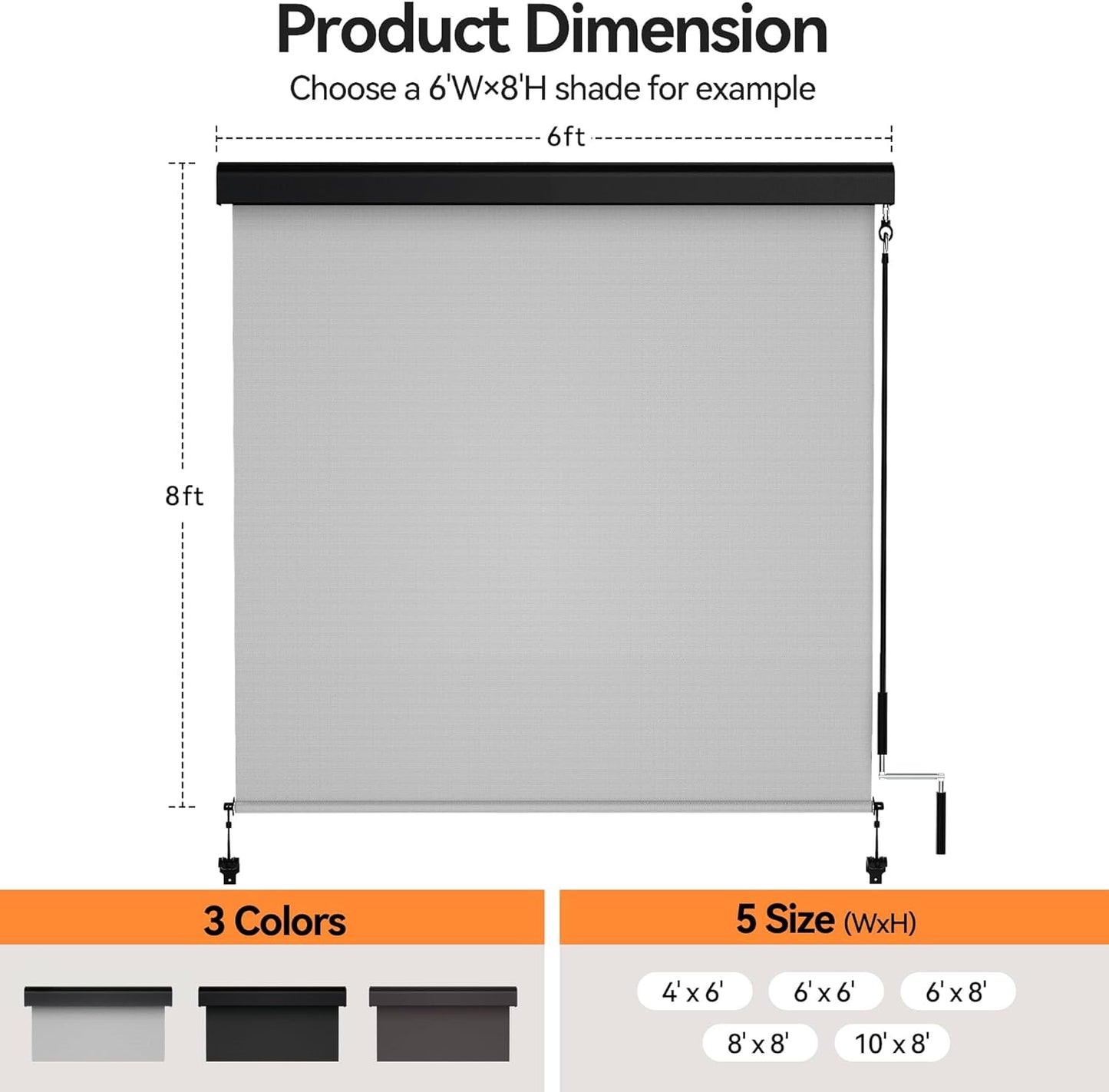RoyalCraft Outdoor Roller Shades for Patio with Valance, Outdoor Blinds with 95% UV Blockout, Cordless Exterior Roller Shades with Crank Handle for Balcony Patio Porch, (4' W X 6' H), Grey