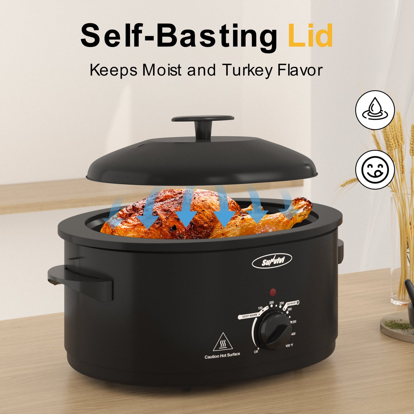 Superjoe 8 QT Electric Roaster Oven with Self-Basting Lid, Turkey Roaster Oven with Defrost Warm Function, Removable Pan and Rack, Stainless Steel Black