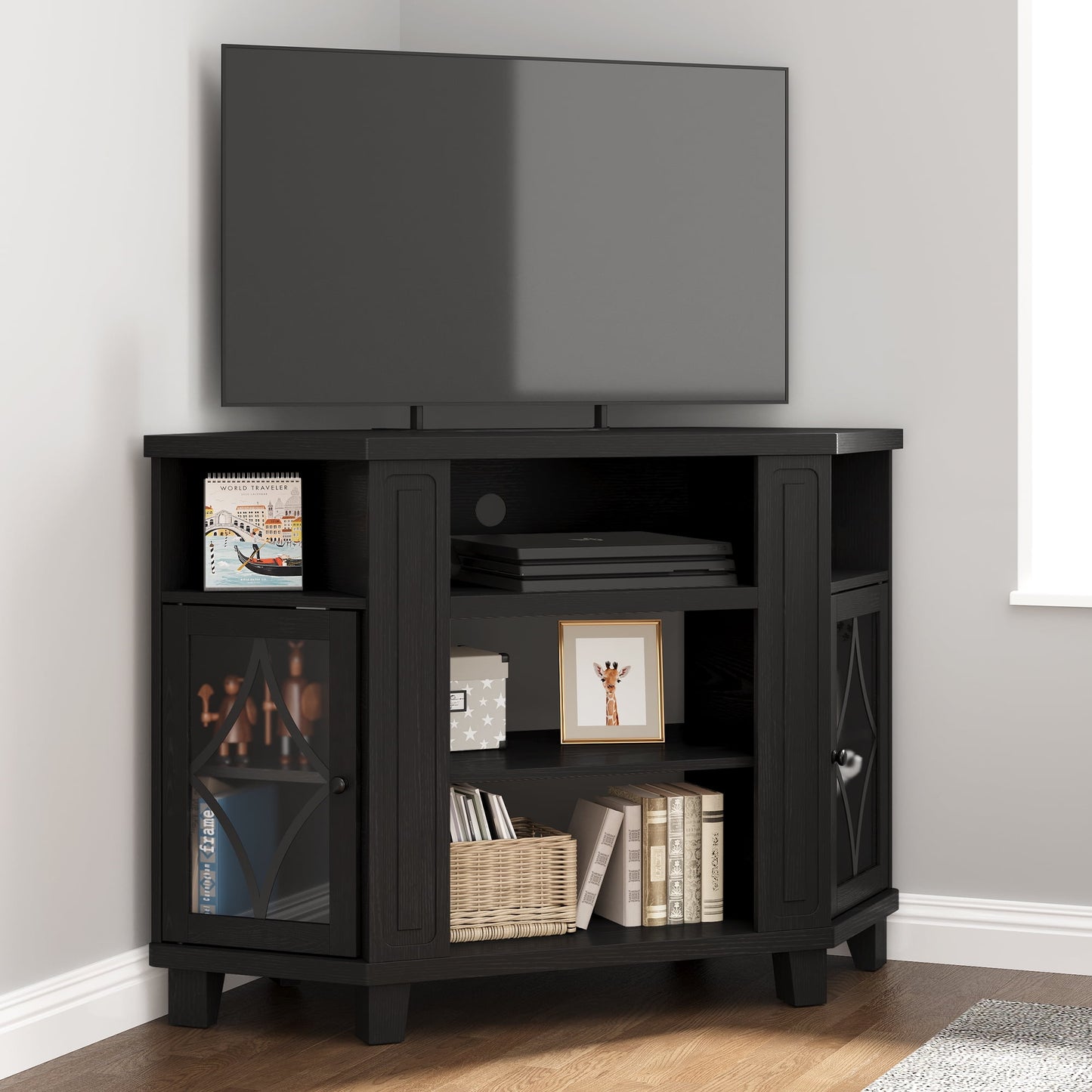 Heynemo Corner TV Stand with Adjustable Shelves and Acrylic Doors, TV Cabinet for Living Room, Bedroom