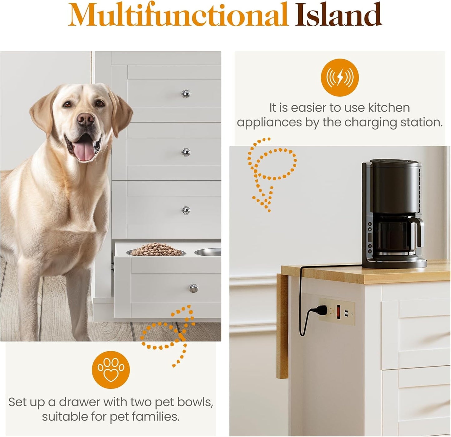 May in Color Modern 59" Kitchen Island with Storage and Drop-Leaf, Wood Island for Kitchen, White