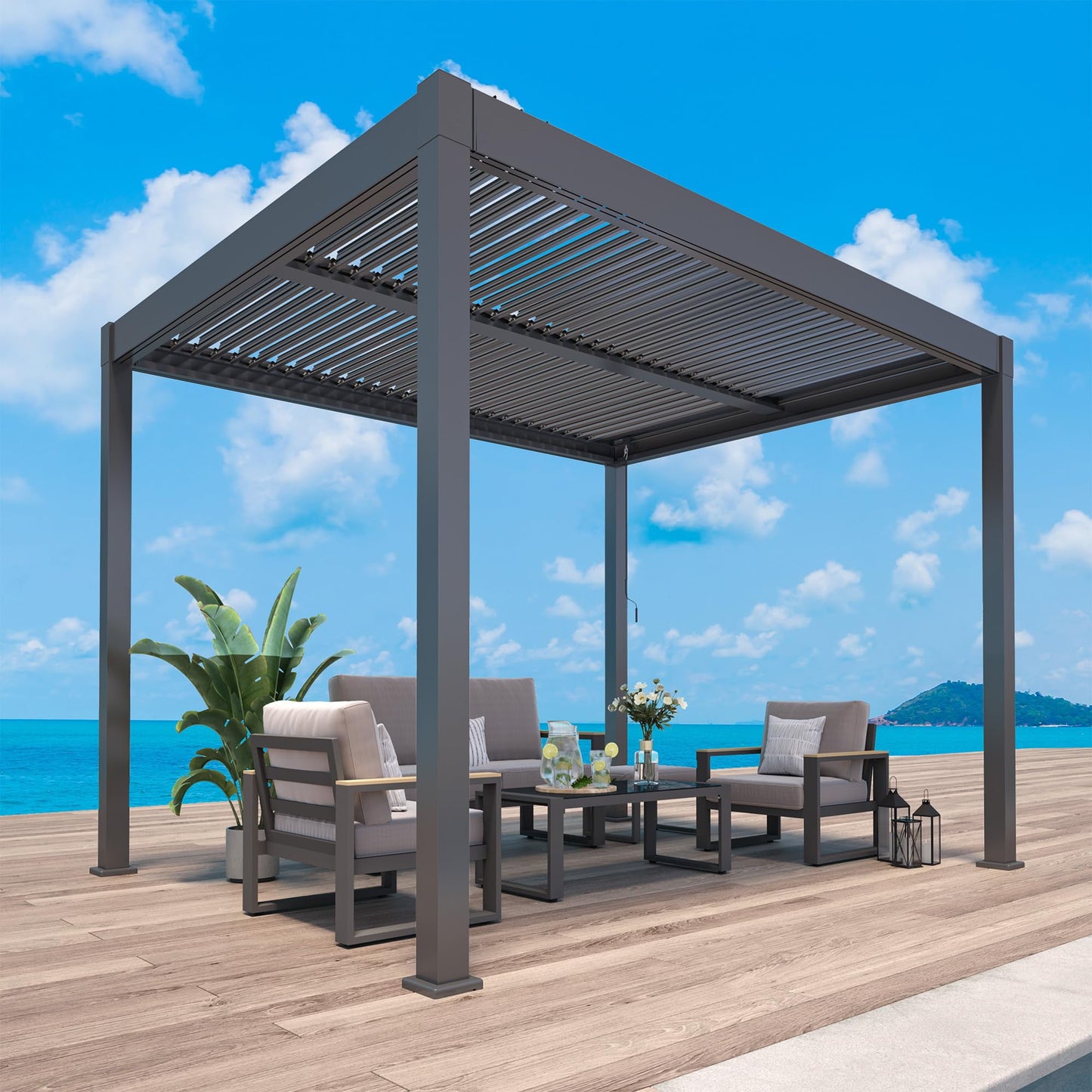 Heynemo 10'x12' Adjustable Louvered Pergola, Metal Hardtop Pergola with Adjustable Roof, Heavy-Duty Outdoor Pergola for Patio, Deck, Garden, Yard, Black