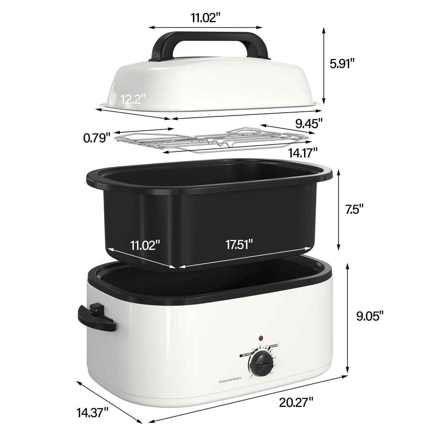 SUNVIVI 26 Quart Electric Turkey Roaster Oven with Visible Glass Lid, with Removable Pan & Rack, Stainless Steel, White