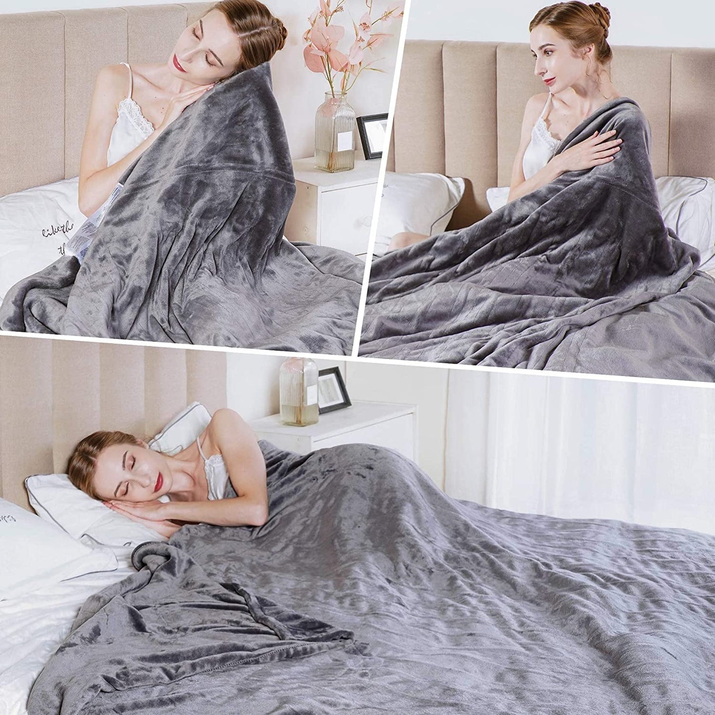 Royalcraft Electric Blanket Queen Size 84"x90" Flannel Heated Throw Blanket, Dual Controls Setting Electric Blanket, 10 Heating Levels, 12H Auto-off, Grey