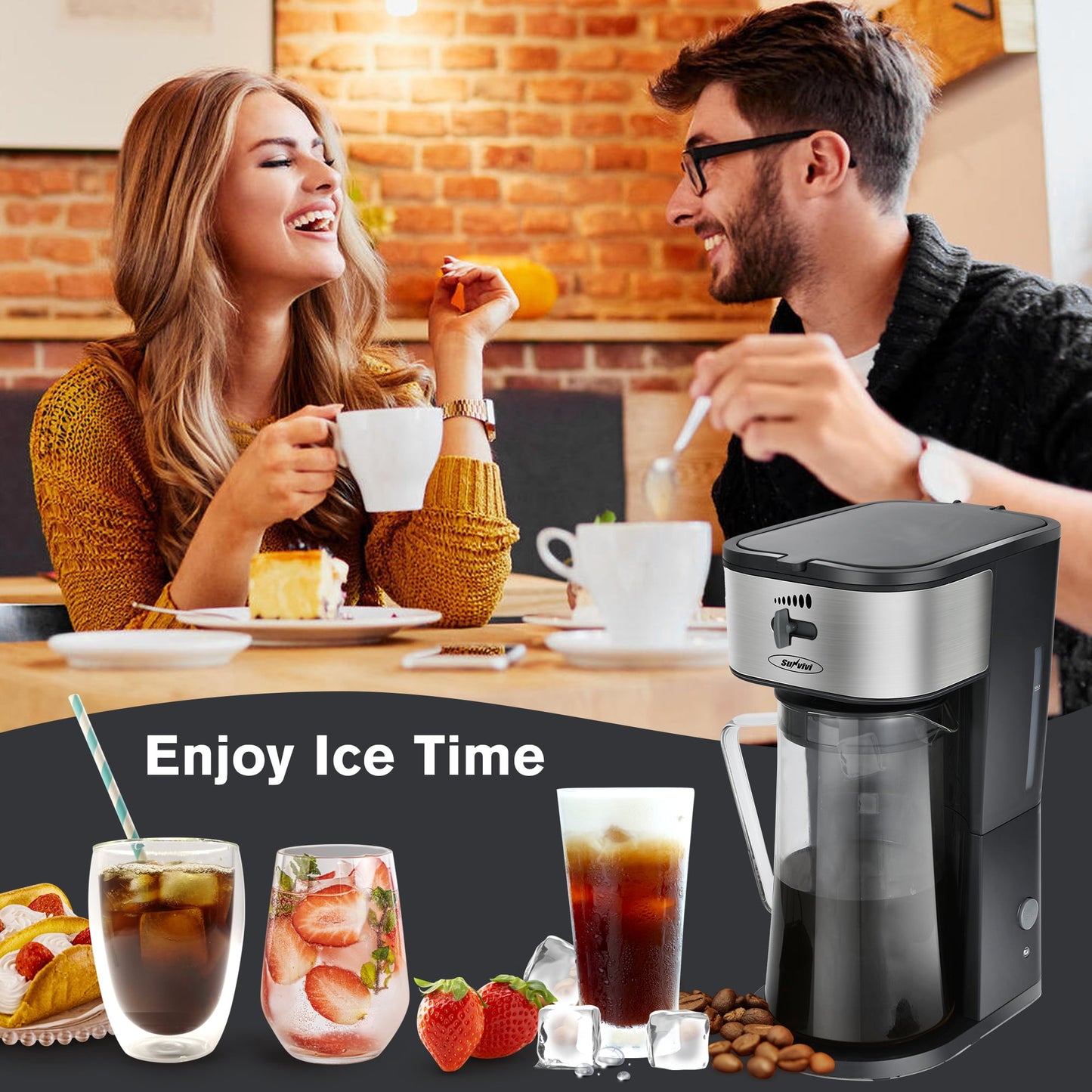 SUNVIVI 3 Quart Iced Tea Maker Iced Coffee Maker with Glass Pitcher for Hot/Cold Water,Iced Tea Coffee Maker with Strength Selector,Stainless Steel, Black