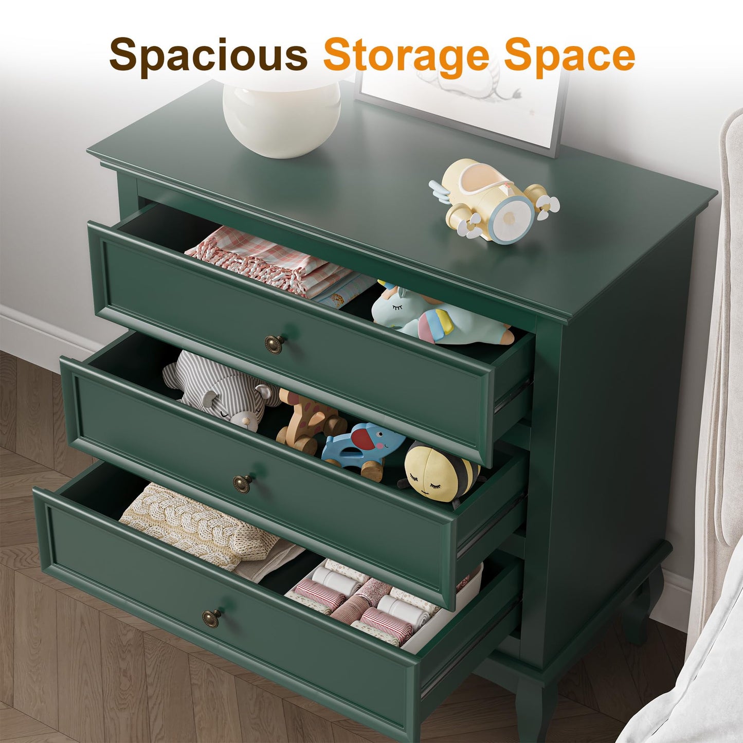 Mayincolor Green 32" Wide 3 Drawer Dresser Set of 2, Modern Wood Chest of Drawers, Silent Slide Drawers Storage Organizer Cabinet for Bedroom, Living Room, Hallway
