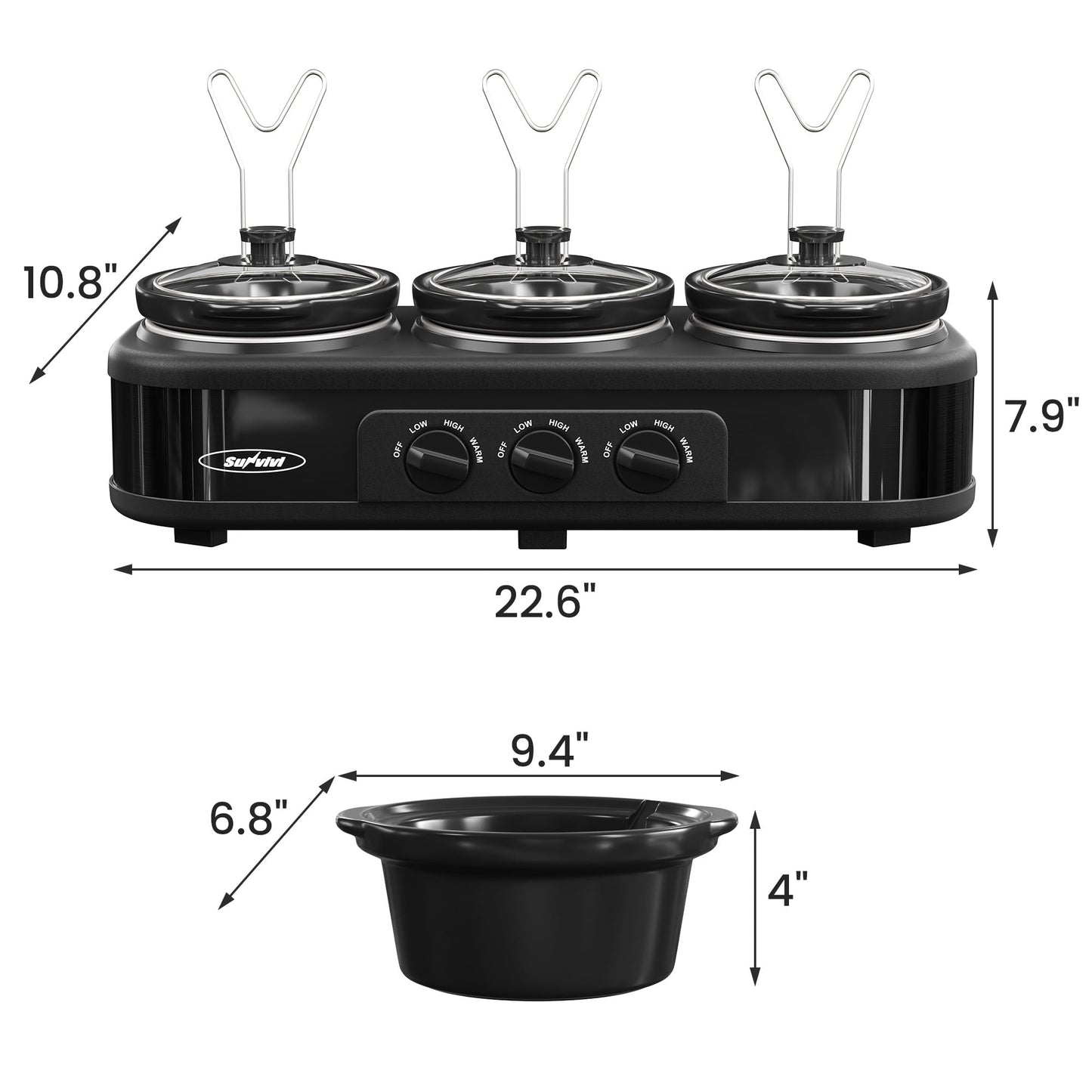 3 Pot Slow Cooker Set, Triple Slow Cooker with 3¡Á1.5QT Removable Ceramic Crocks, 4.5QT Total, Adjustable Temperature for Family Dinner & Party,SL