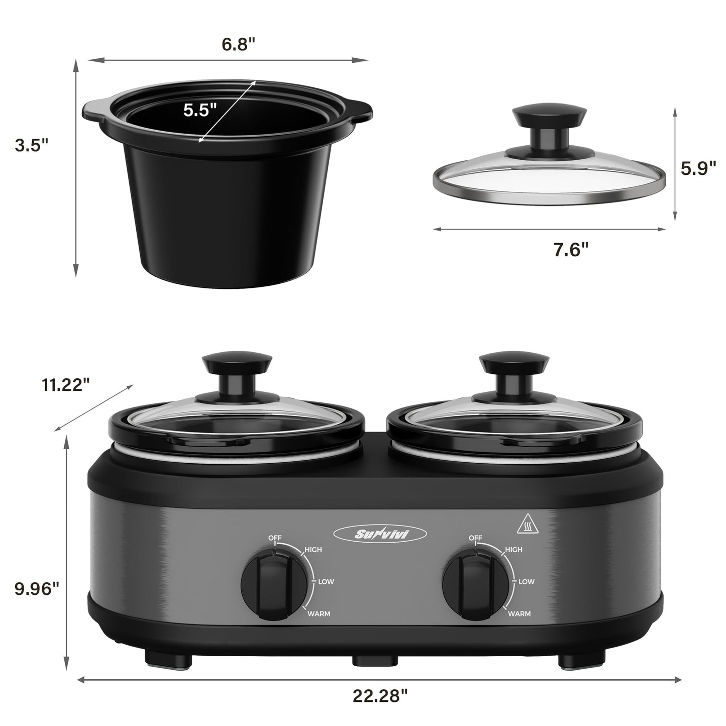 Heynemo Dual Slow Cooker, Buffet Server & Warmer with 2 Removable Ceramic Pots, 3 Adjustable Temp Settings & 2 Visible Glass Lids, Stainless Steel, 2.5 QT Grey