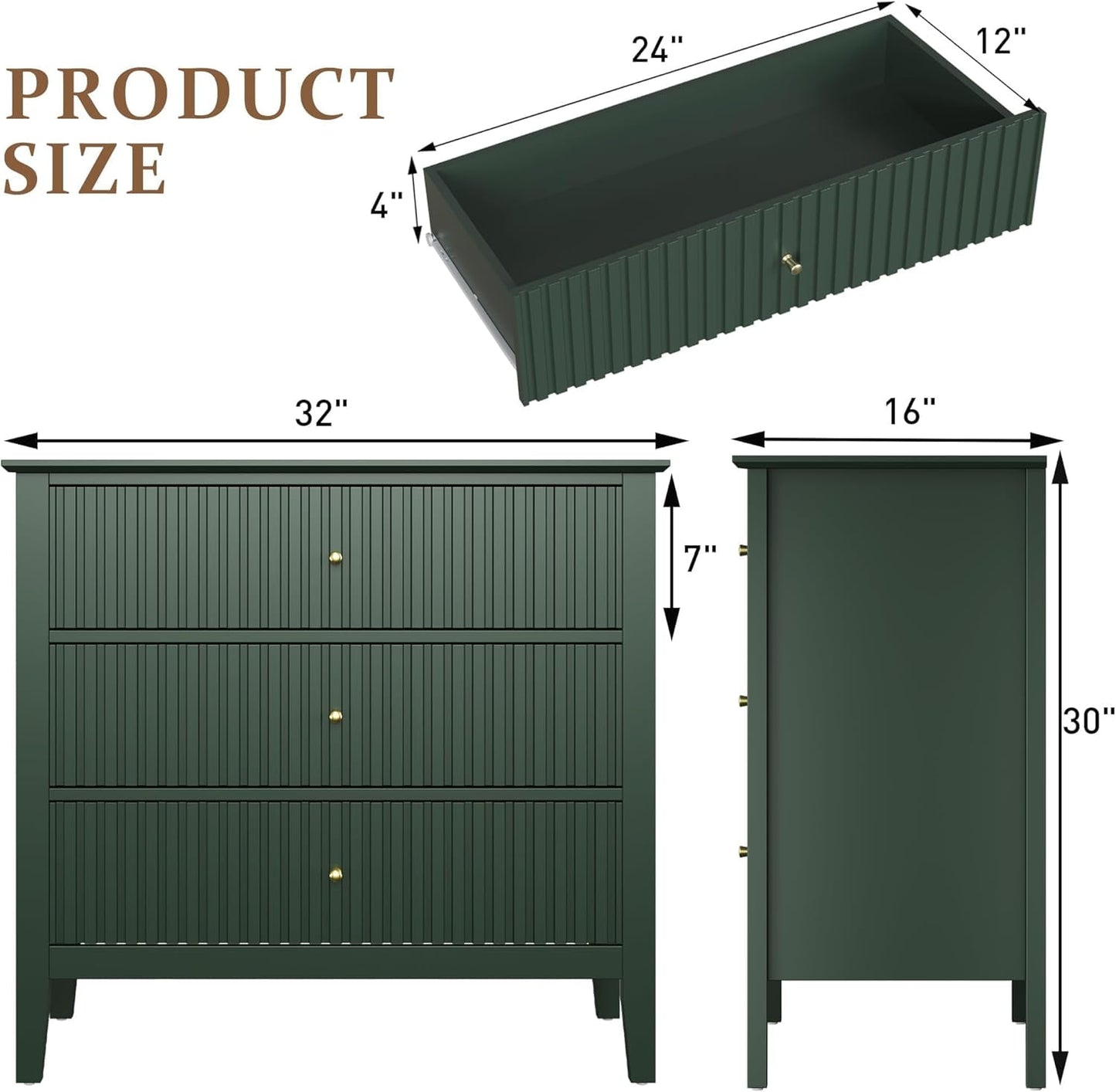 32" Green Fluted Dresser Nightstand, Wide Modern 3 Drawer Wooden Chest, Large Painted Storage Cabinet, for Bedroom, Closet, Hallway, Entryway